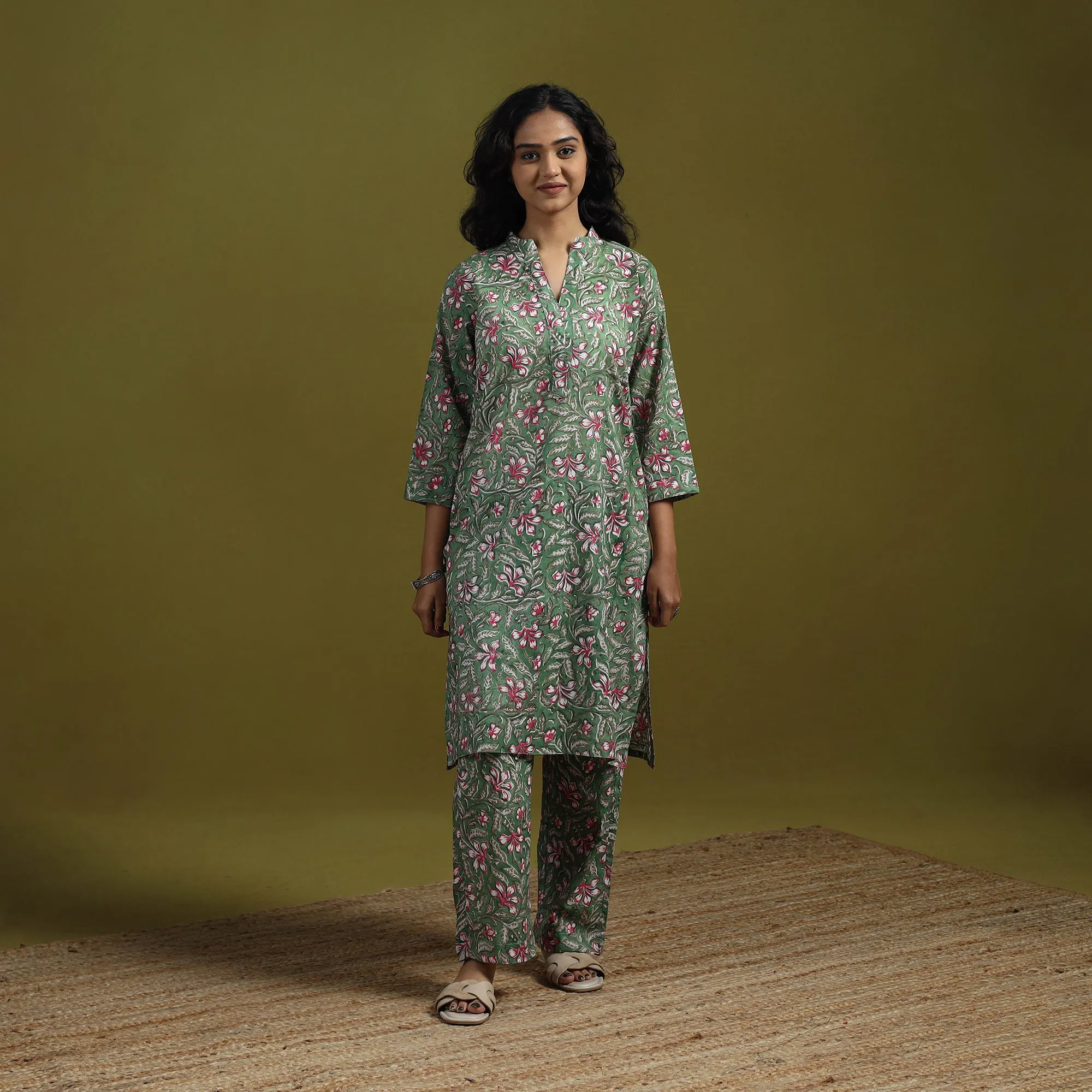 Green - Floral Block Print Cotton Sanganeri Co-Ord Set 03 sold by Itokri