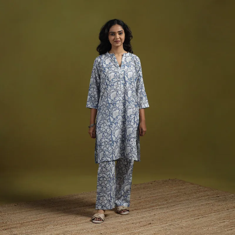 Blue - Floral Block Print Cotton Sanganeri Co-Ord Set 04 made by Itokri