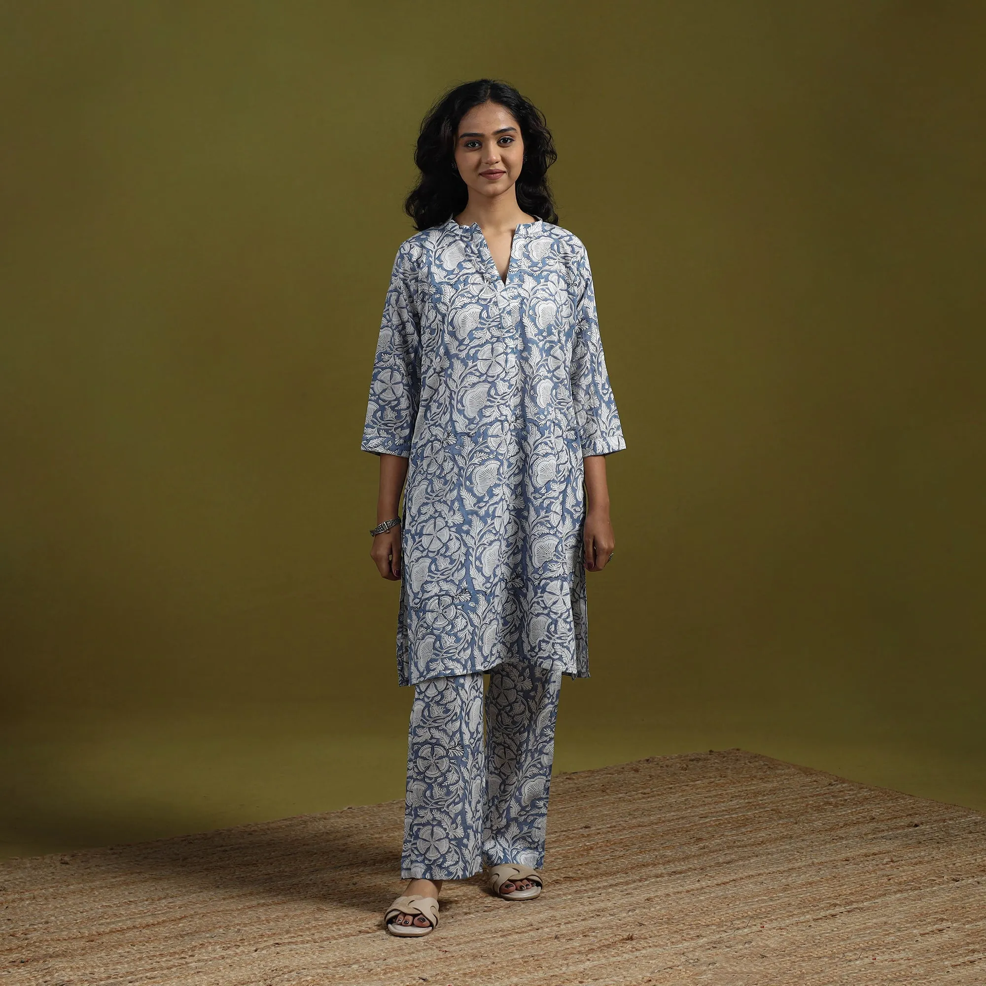 Blue - Floral Block Print Cotton Sanganeri Co-Ord Set 04 sold by Itokri