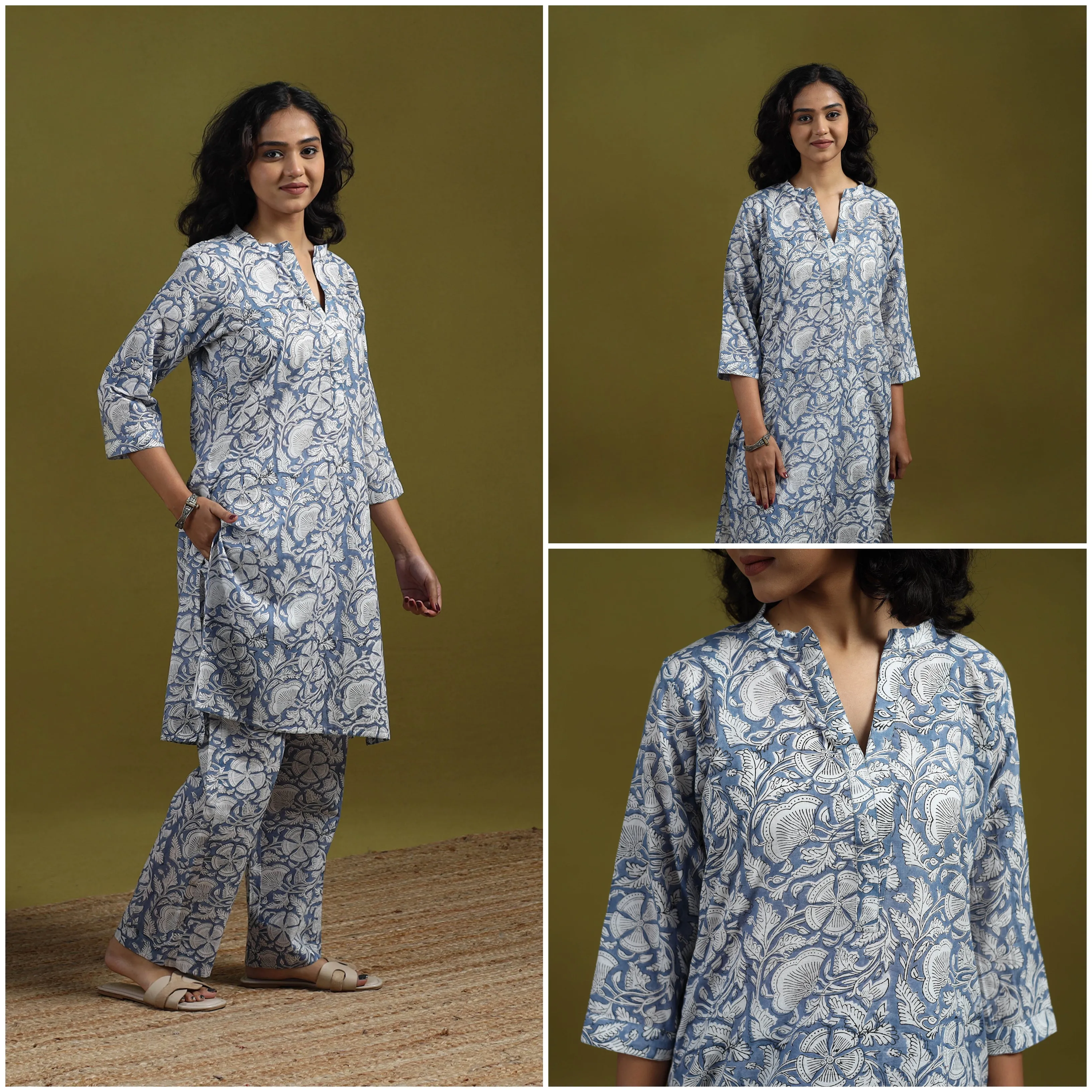 Blue - Floral Block Print Cotton Sanganeri Co-Ord Set 04 sold by Itokri product image thumbnail 3