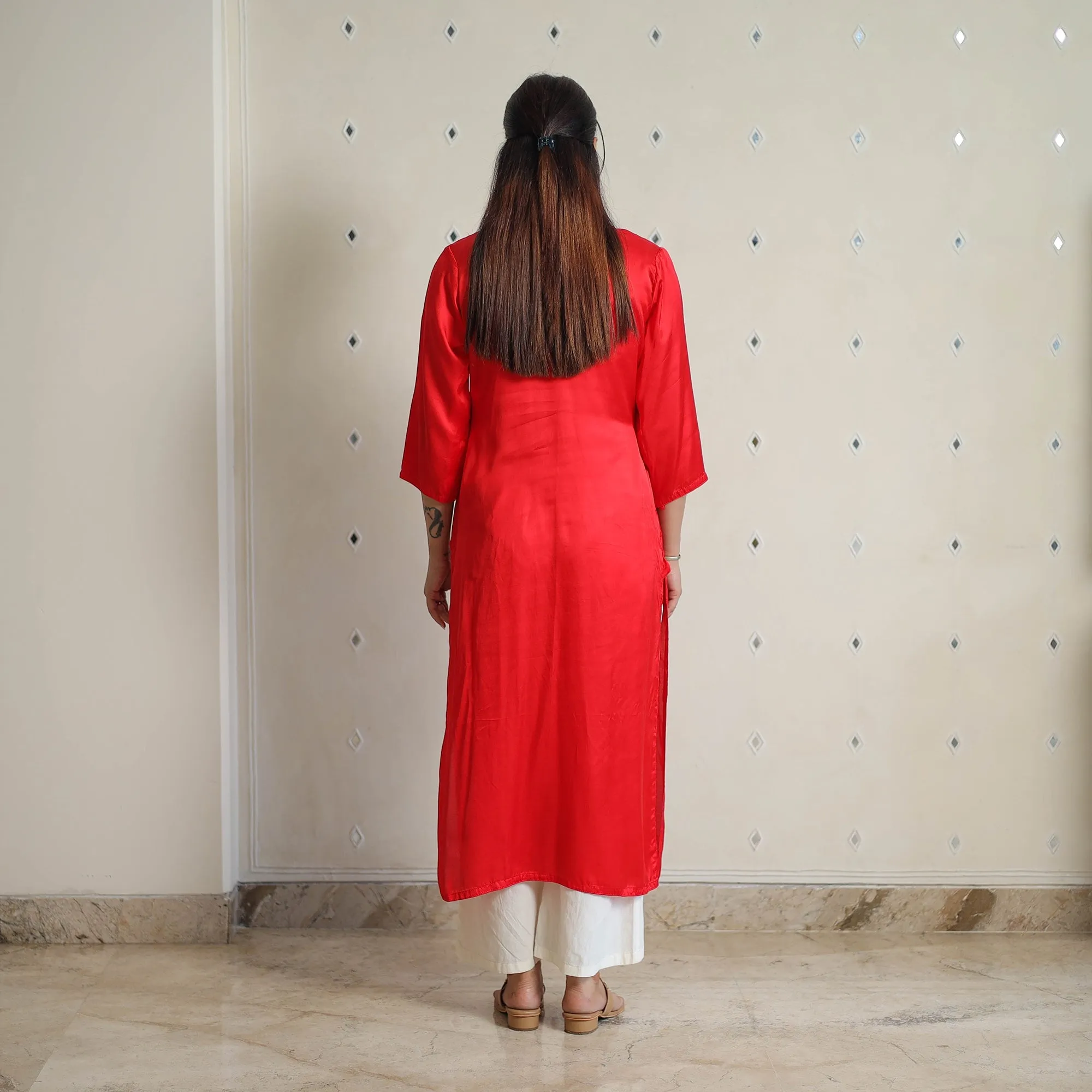 Ananya Dark Red Modal Silk Plain Straight Kurta sold by Itokri product image thumbnail 4