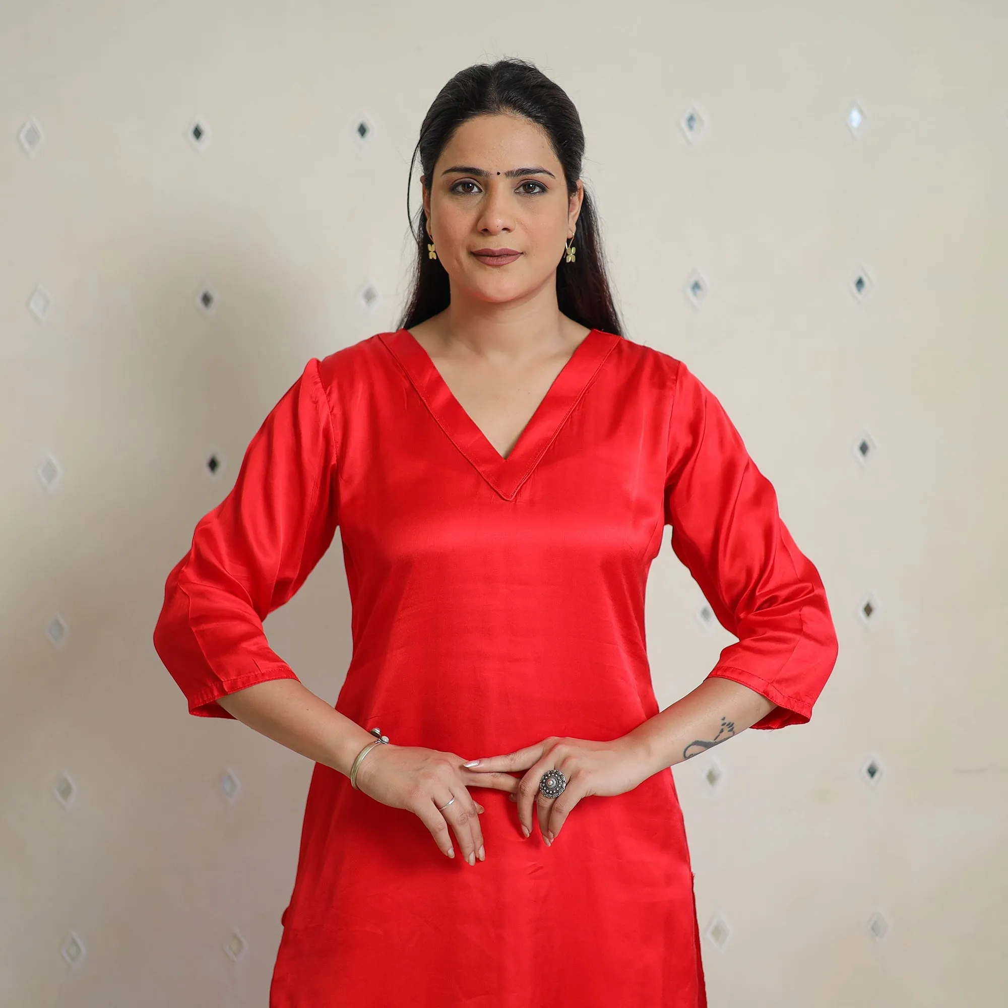 Ananya Dark Red Modal Silk Plain Straight Kurta sold by Itokri