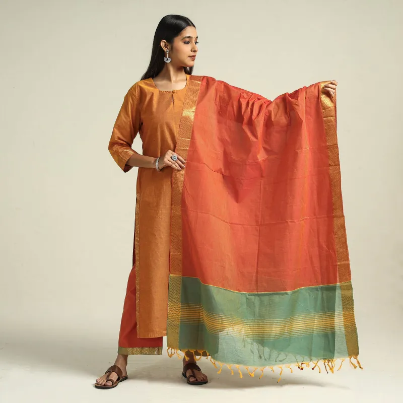 Orange - Mangalagiri Handloom Cotton Kurta with Palazzo & Dupatta Set made by Itokri