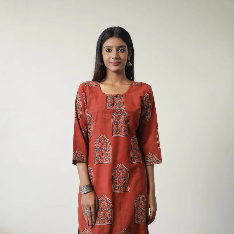 Red - Block Printed Cotton Straight Ajrakh Kurta 06 made by Itokri