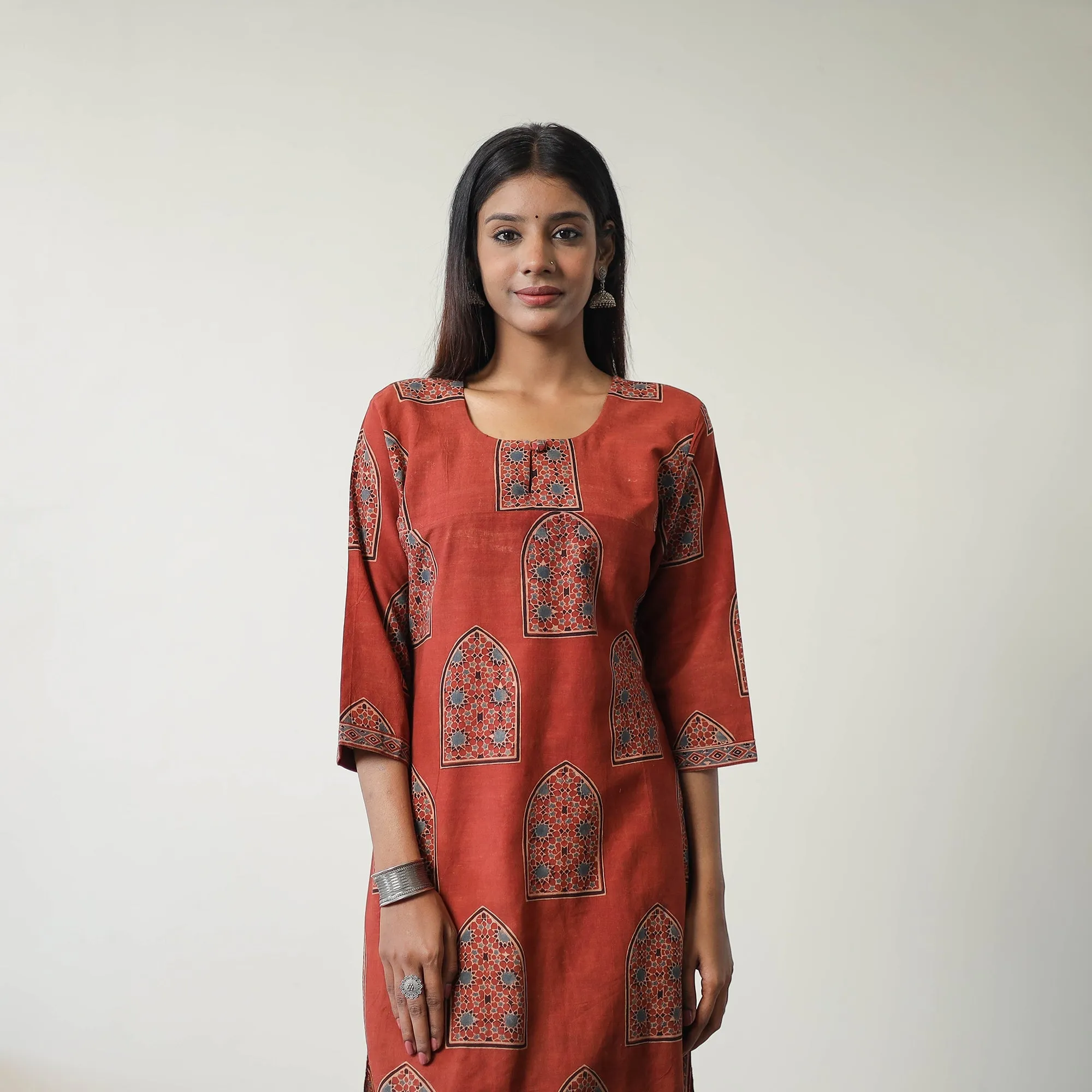 Red - Block Printed Cotton Straight Ajrakh Kurta 06 sold by Itokri