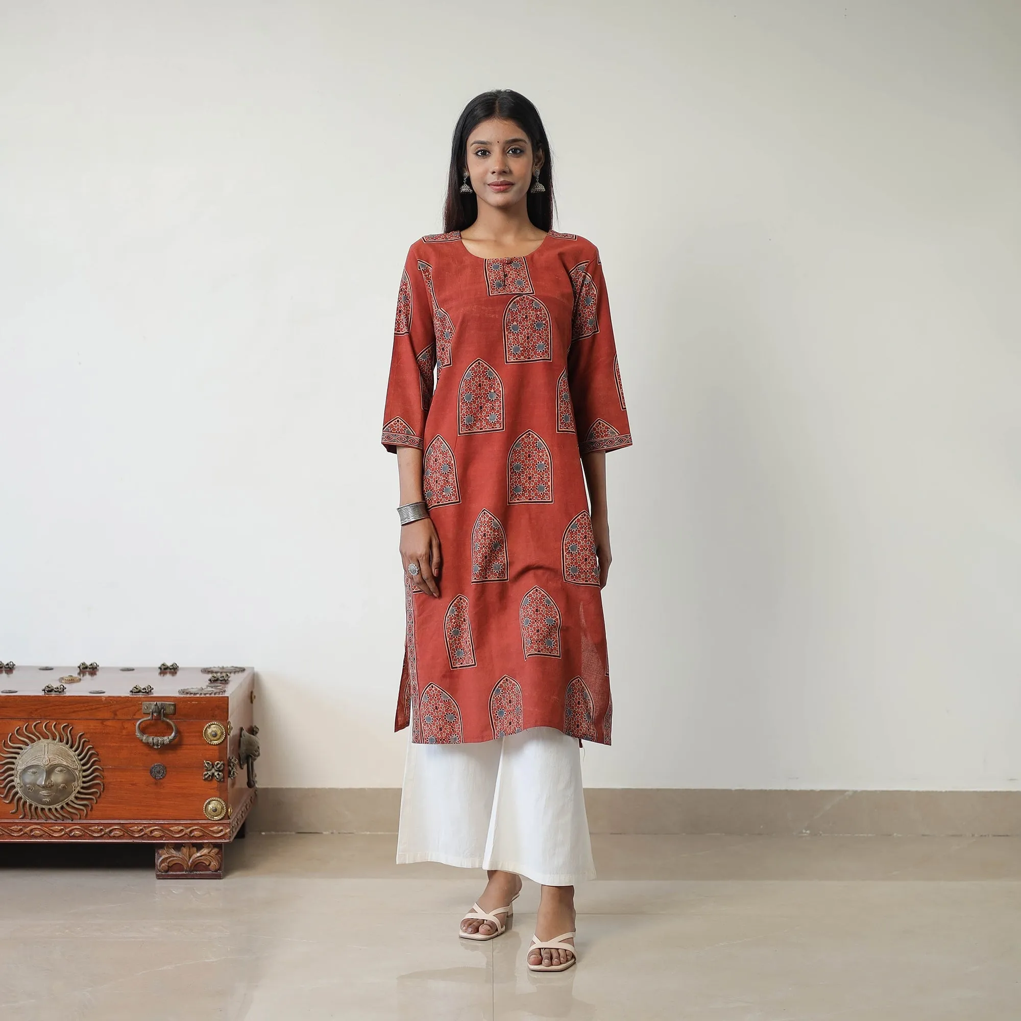 Red - Block Printed Cotton Straight Ajrakh Kurta 06 sold by Itokri product image thumbnail 3