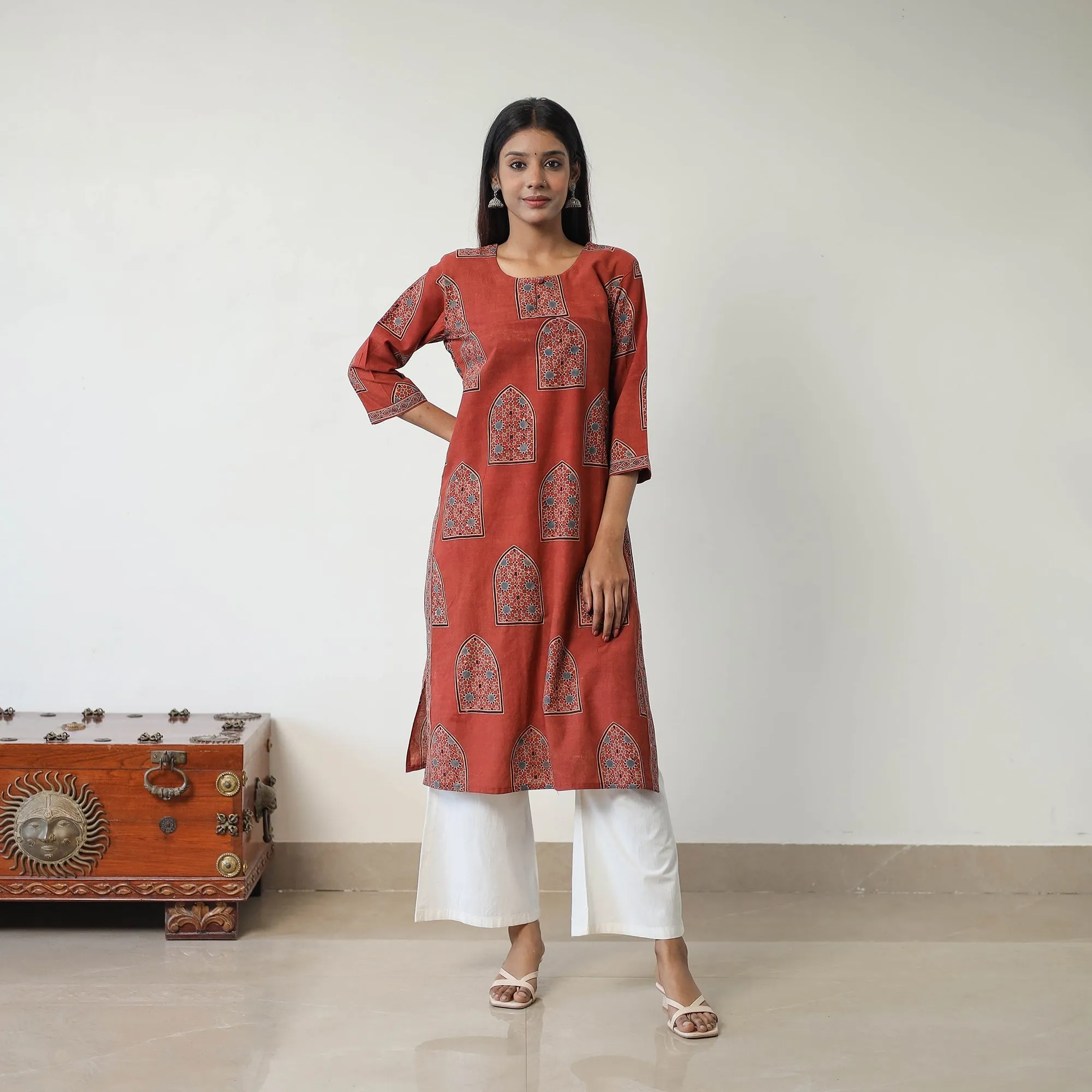 Red - Block Printed Cotton Straight Ajrakh Kurta 06 sold by Itokri product image thumbnail 2