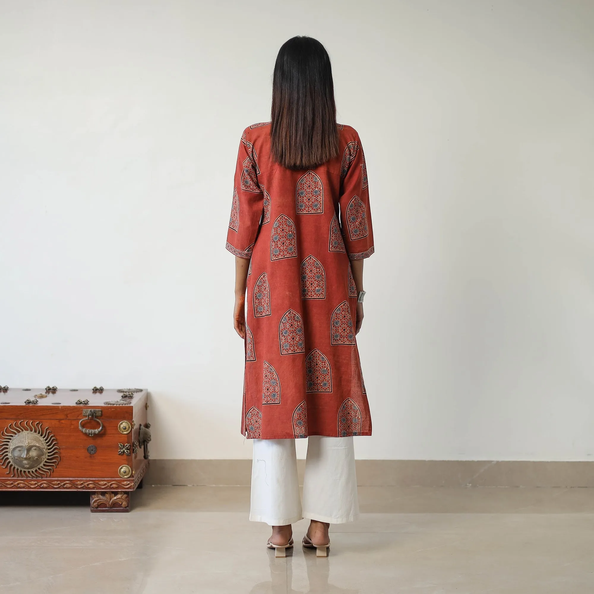 Red - Block Printed Cotton Straight Ajrakh Kurta 06 sold by Itokri product image thumbnail 4