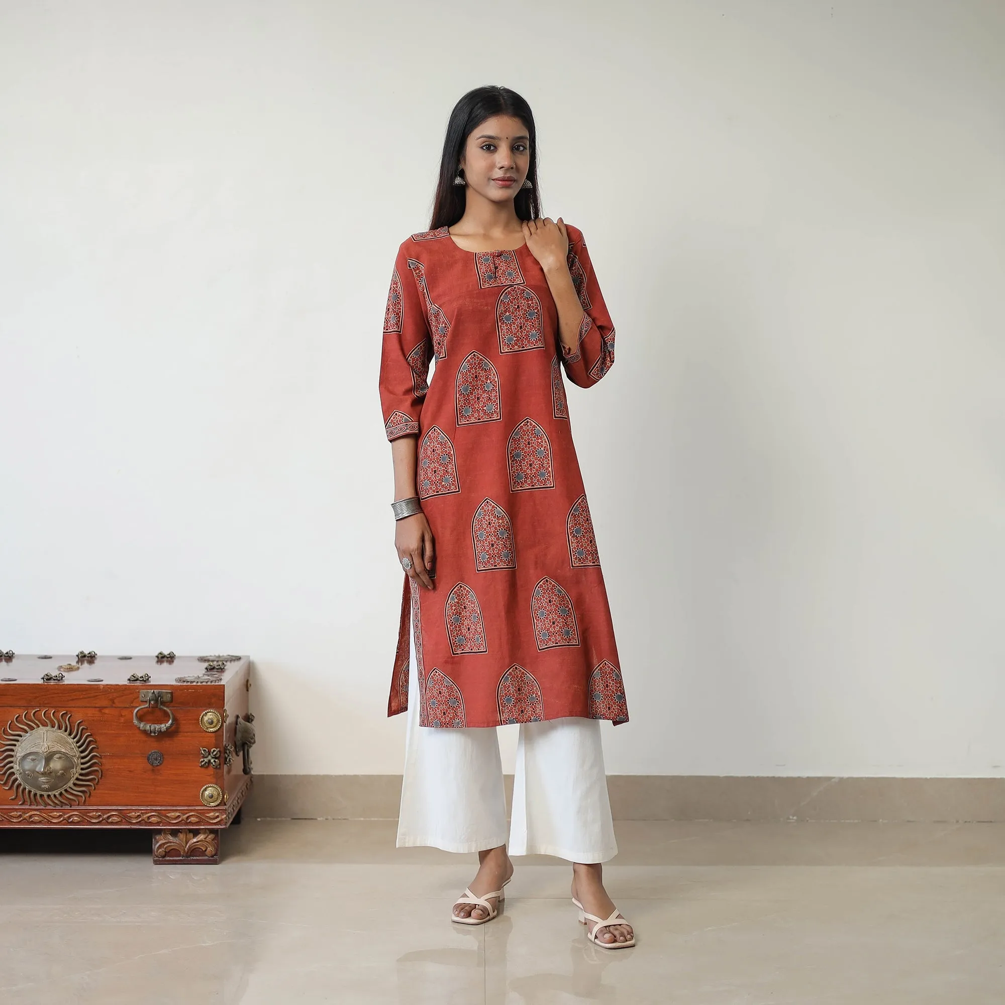 Red - Block Printed Cotton Straight Ajrakh Kurta 06 sold by Itokri product image thumbnail 5