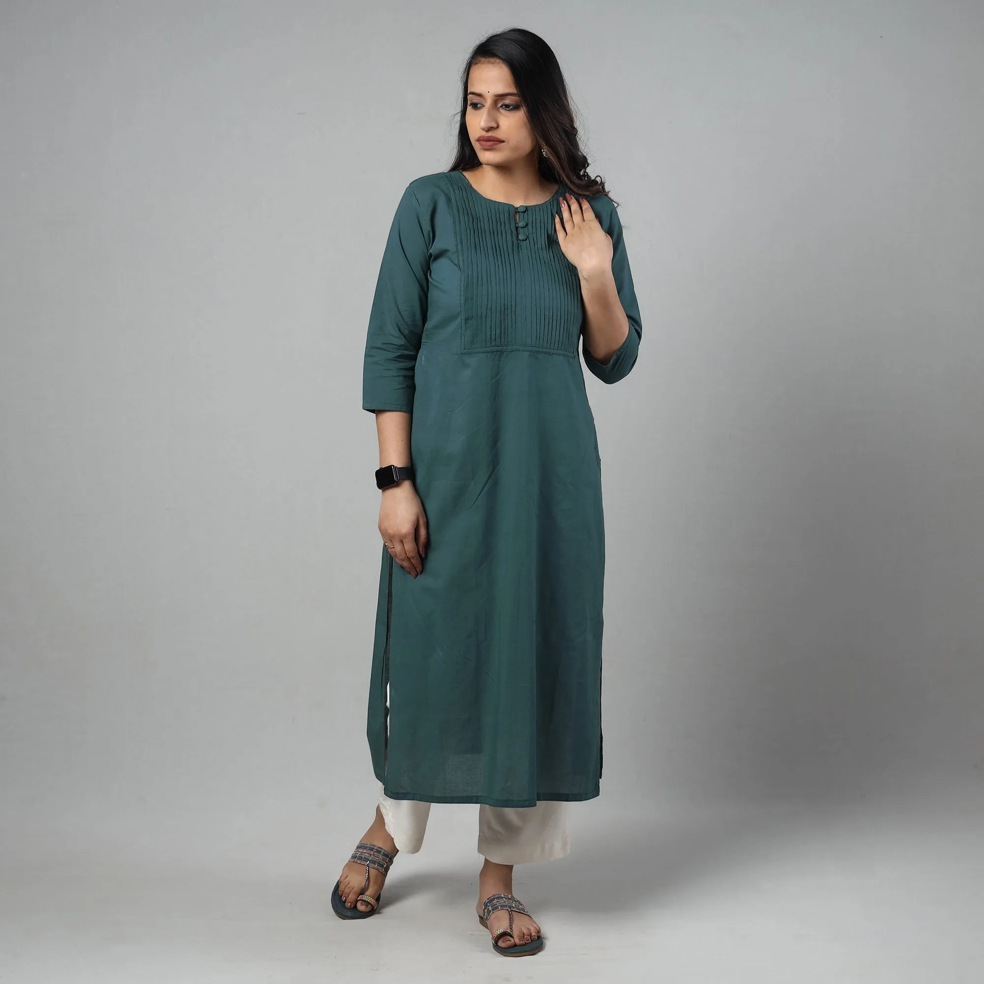 Persian Green - Plain Cotton Pintuck Long Kurta sold by Itokri product image thumbnail 2