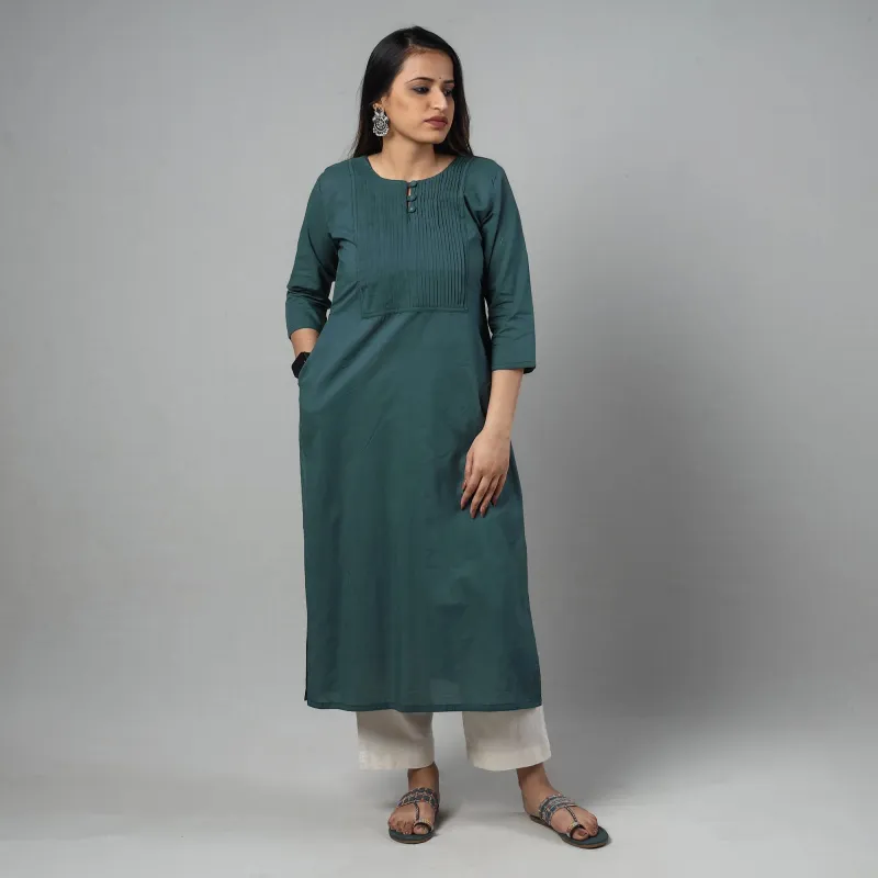 Persian Green - Plain Cotton Pintuck Long Kurta sold by Itokri