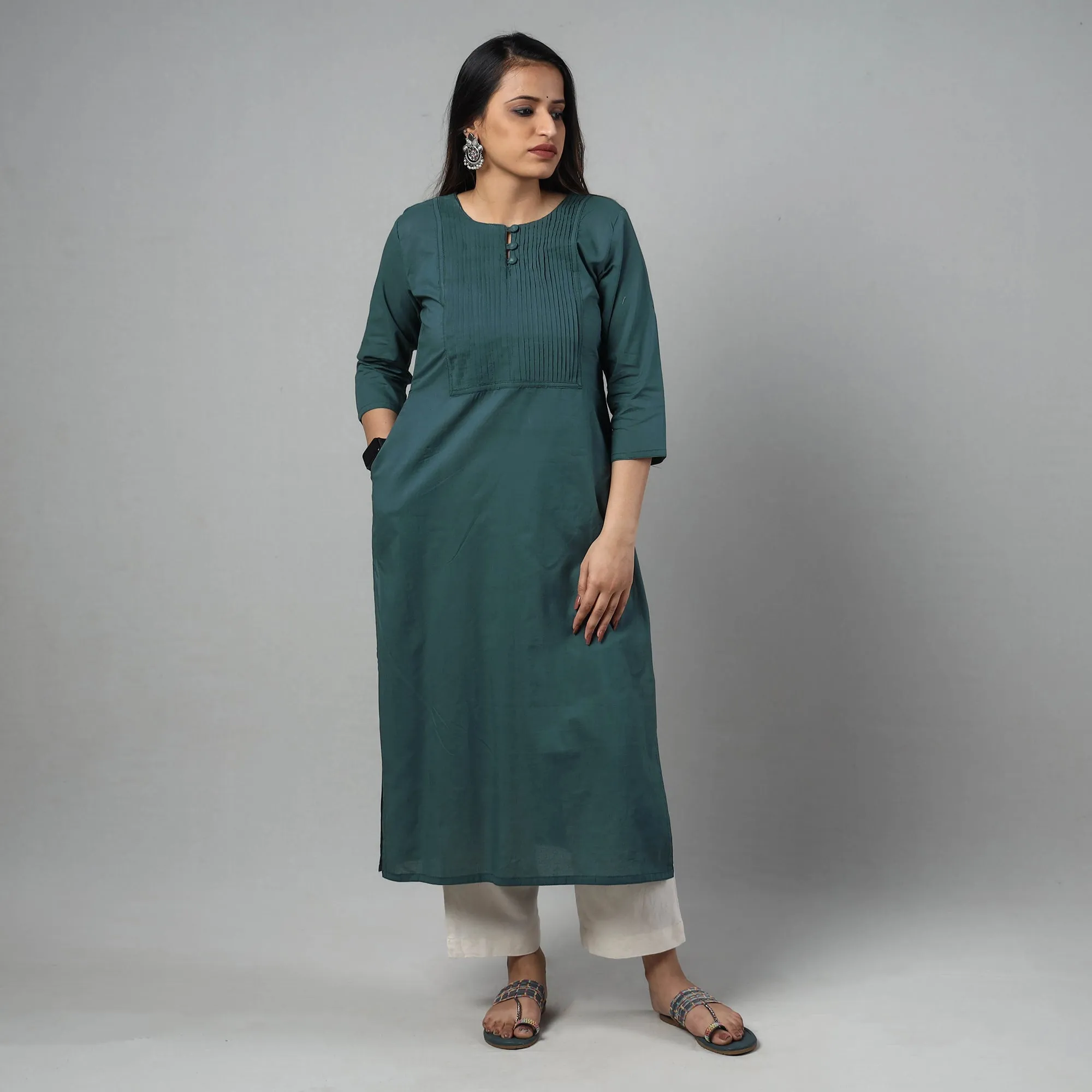 Persian Green - Plain Cotton Pintuck Long Kurta sold by Itokri