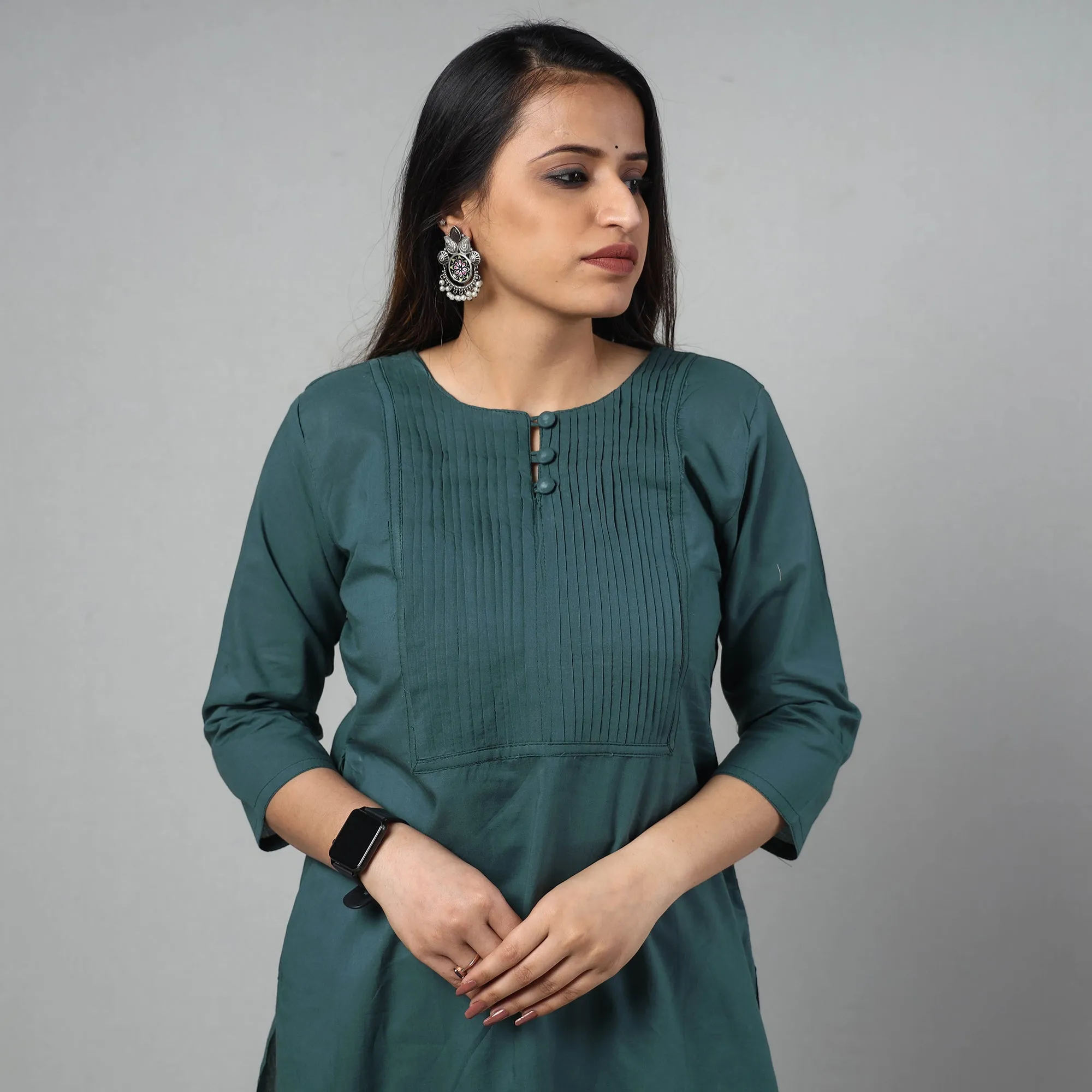 Persian Green - Plain Cotton Pintuck Long Kurta sold by Itokri product image thumbnail 3
