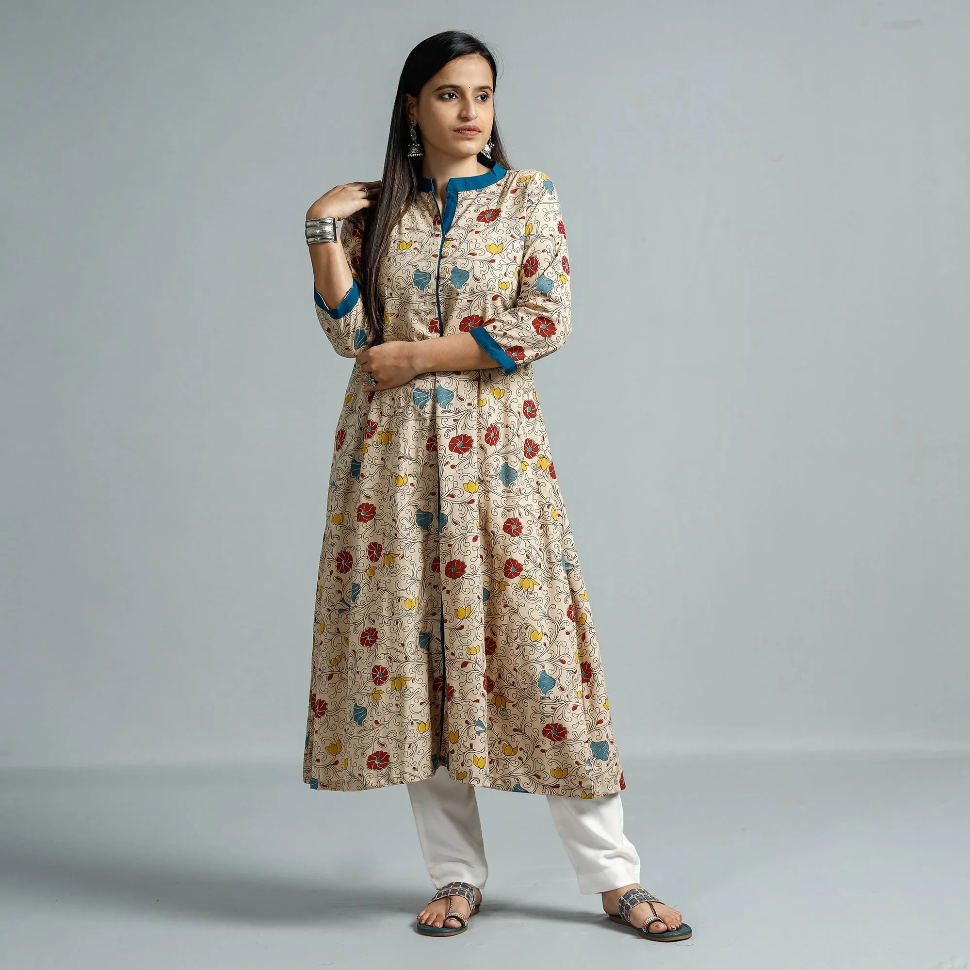 Beige - Kalamkari Printed Cotton Flared Kurta sold by Itokri product image thumbnail 3