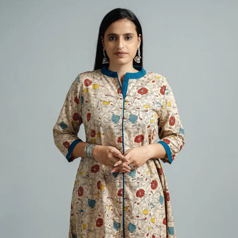 Beige - Kalamkari Printed Cotton Flared Kurta sold by Itokri
