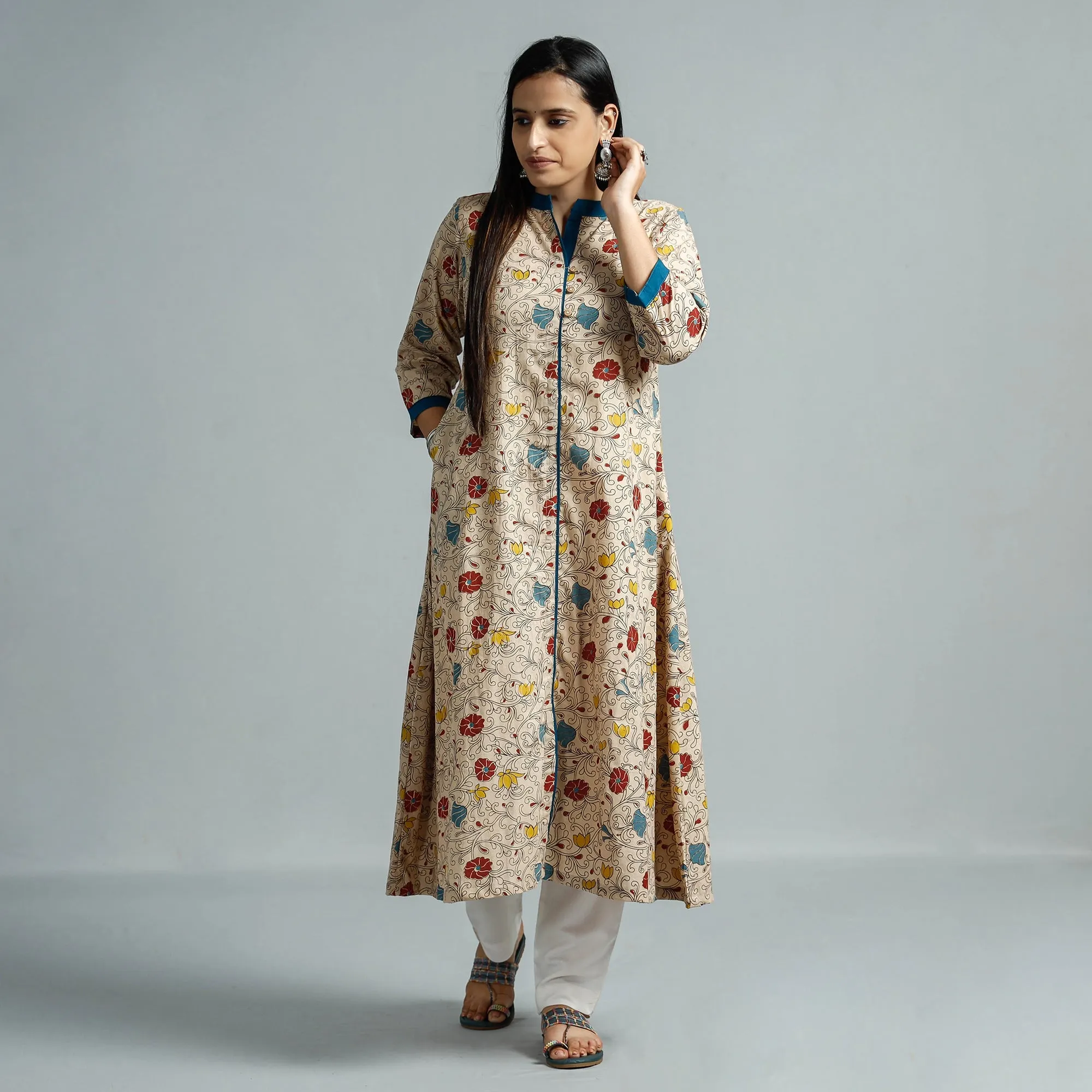 Beige - Kalamkari Printed Cotton Flared Kurta sold by Itokri product image thumbnail 4