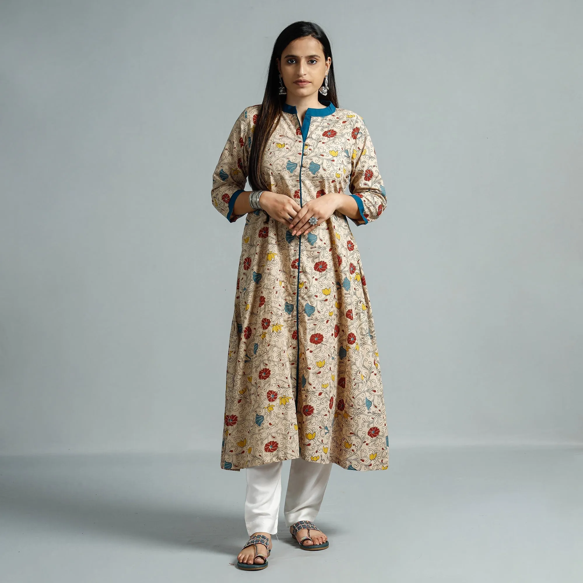 Beige - Kalamkari Printed Cotton Flared Kurta sold by Itokri product image thumbnail 2