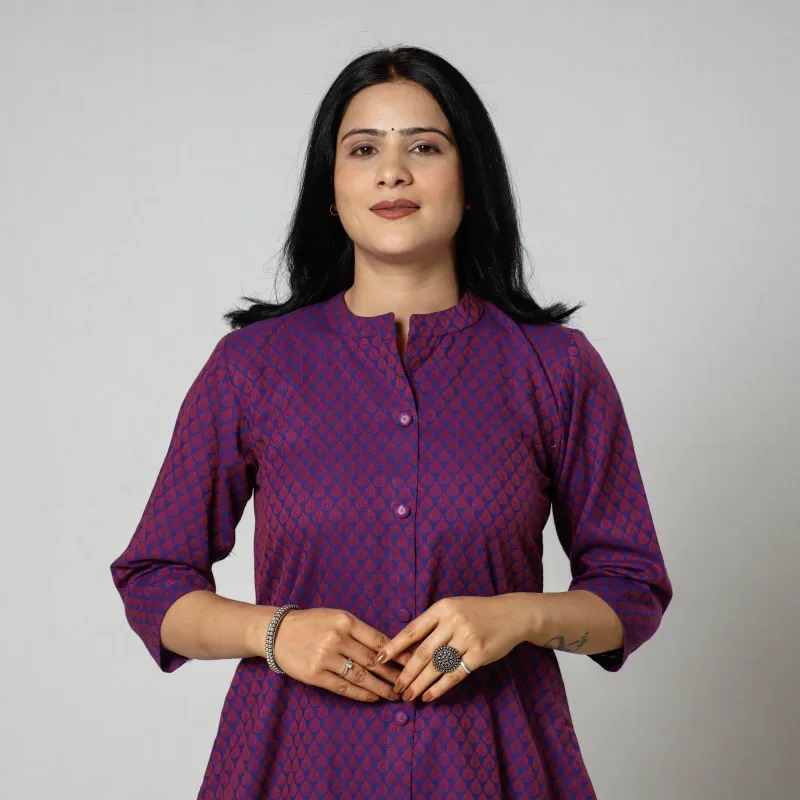 Purple - Jacquard Cotton Long A-Line Kurta made by Itokri