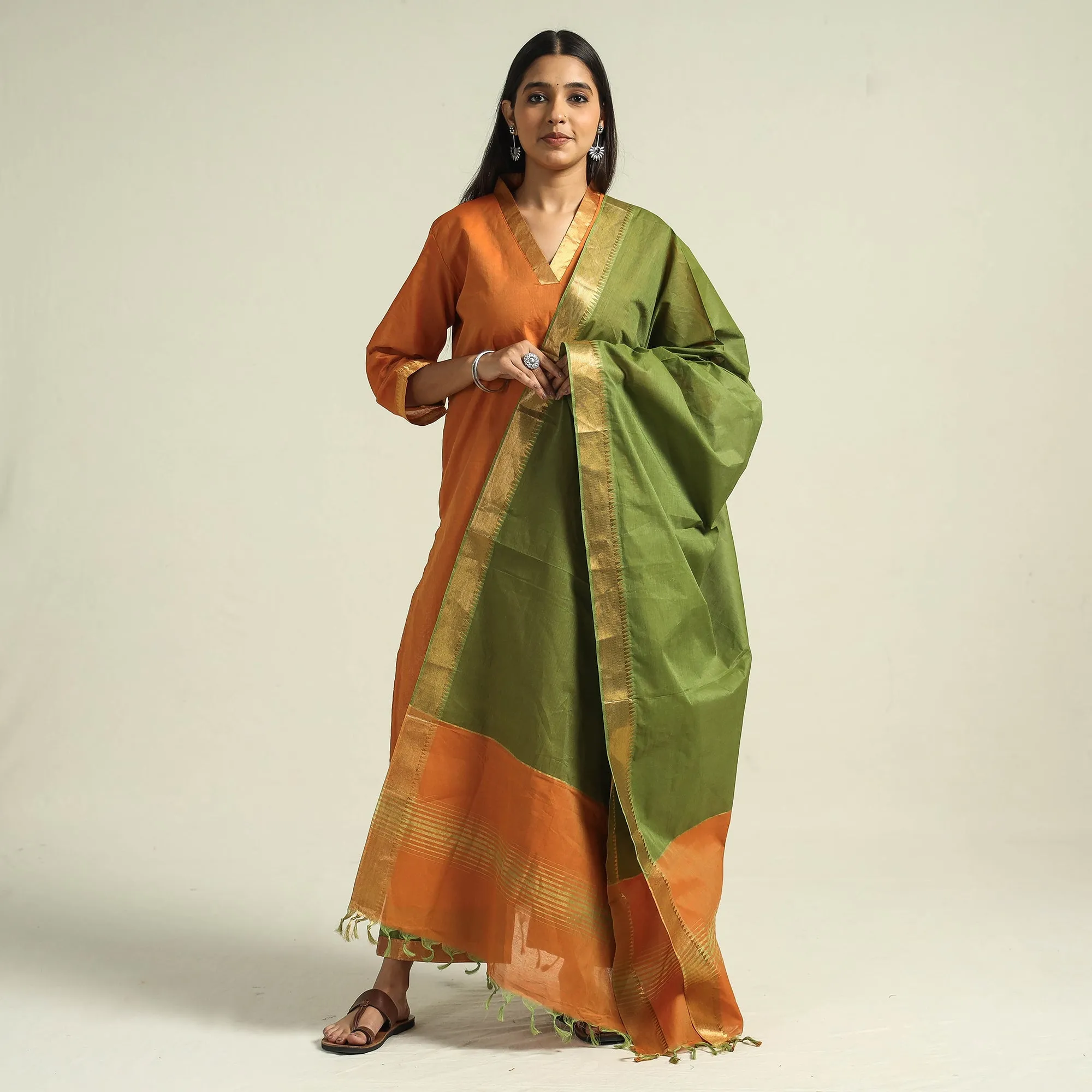 Orange - Mangalagiri Handloom Cotton Kurta with Palazzo & Dupatta Set sold by Itokri product image thumbnail 2
