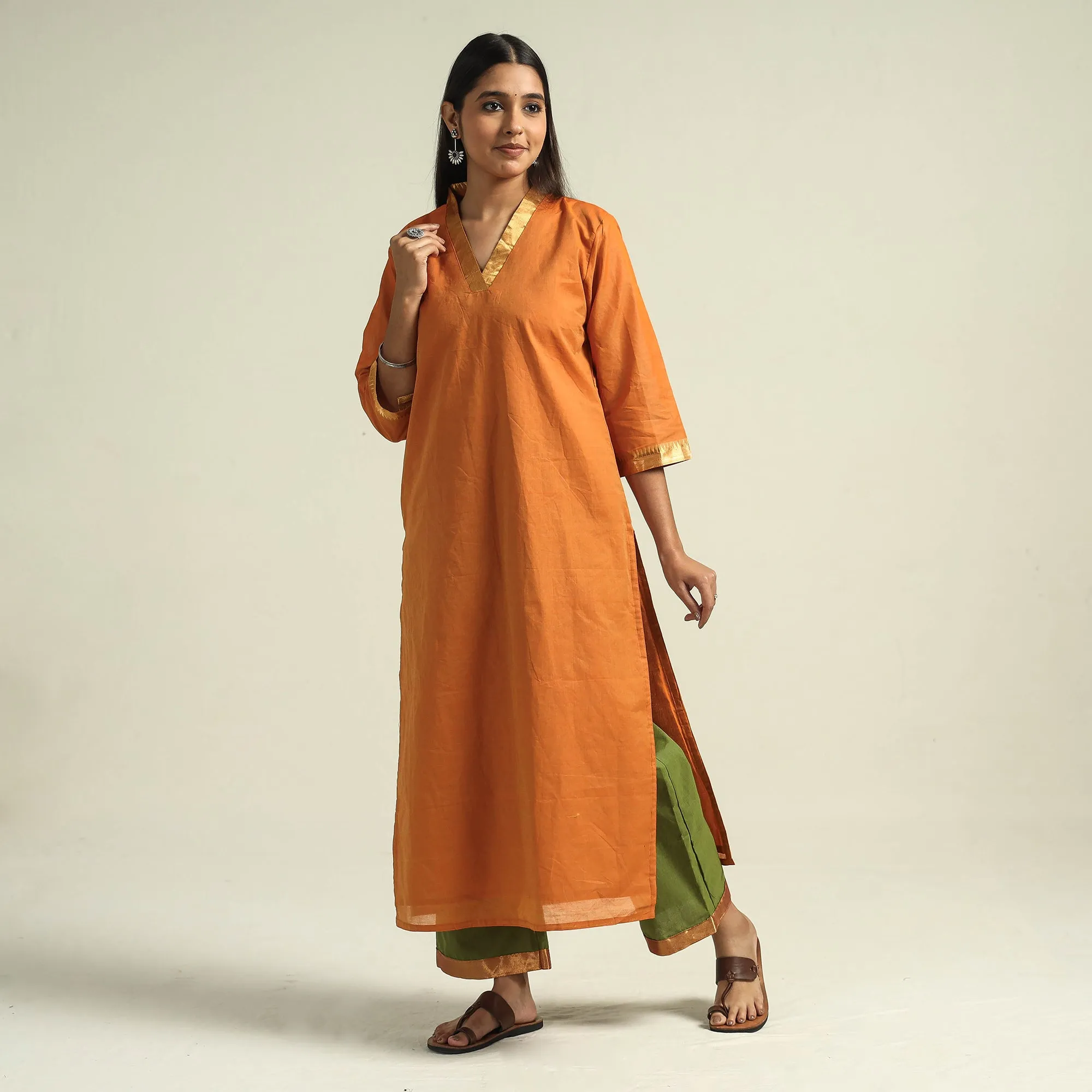 Orange - Mangalagiri Handloom Cotton Kurta with Palazzo & Dupatta Set sold by Itokri product image thumbnail 4