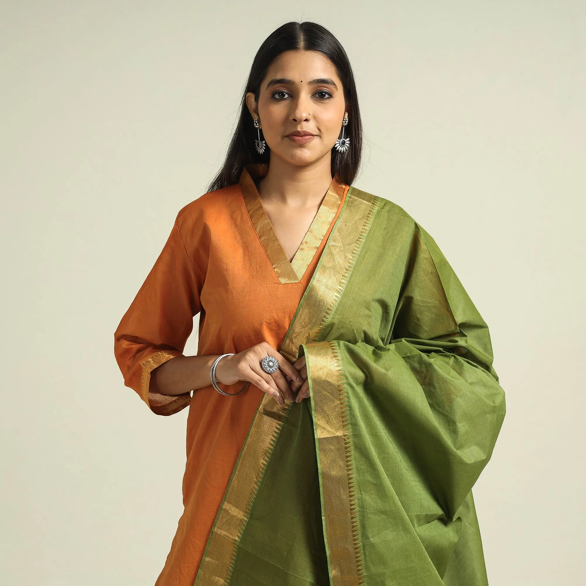 Orange - Mangalagiri Handloom Cotton Kurta with Palazzo & Dupatta Set sold by Itokri product image thumbnail 3