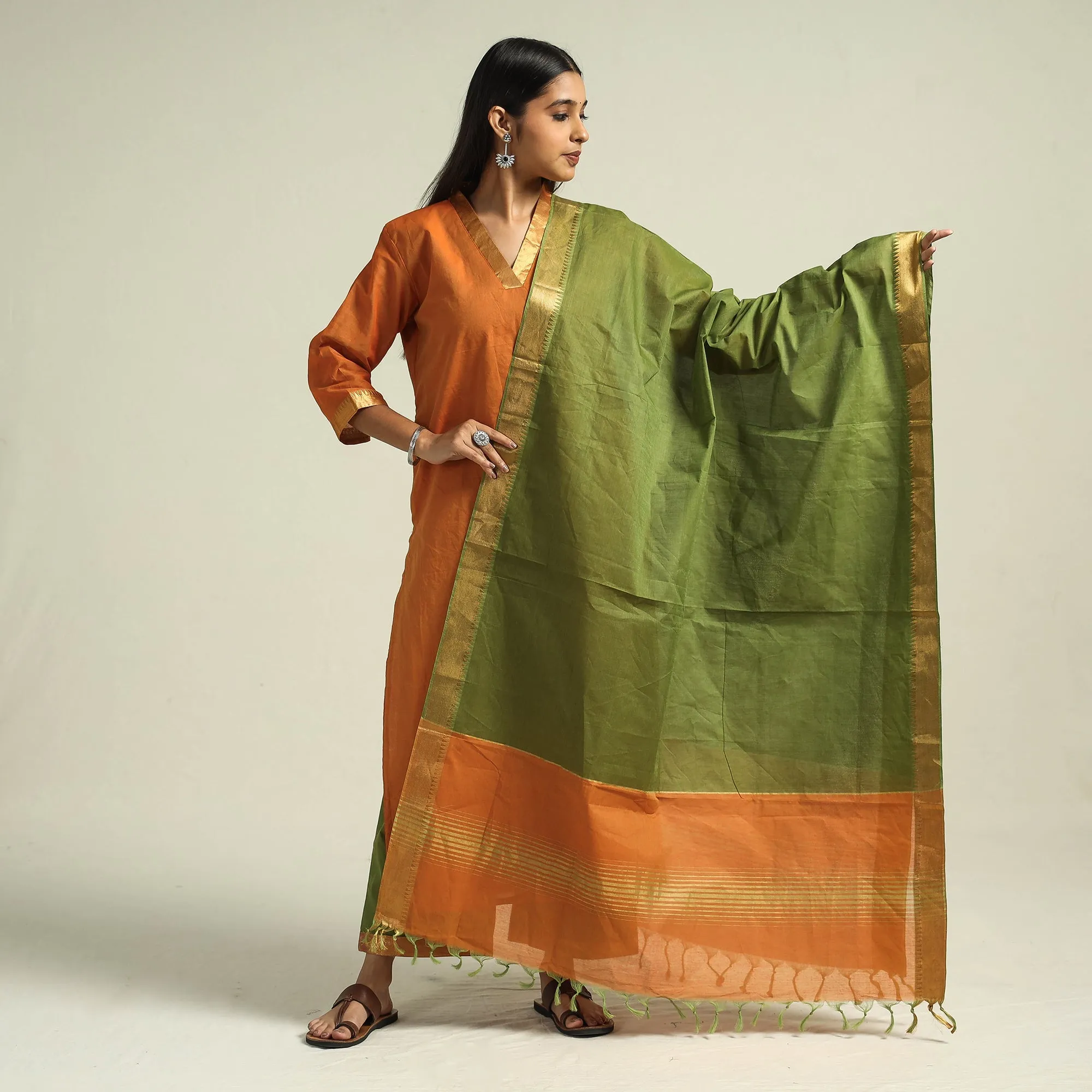 Orange - Mangalagiri Handloom Cotton Kurta with Palazzo & Dupatta Set sold by Itokri