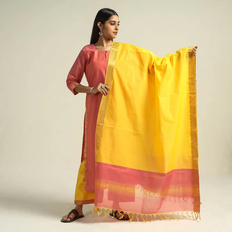 Peach - Mangalagiri Handloom Cotton Kurta with Palazzo & Dupatta Set sold by Itokri