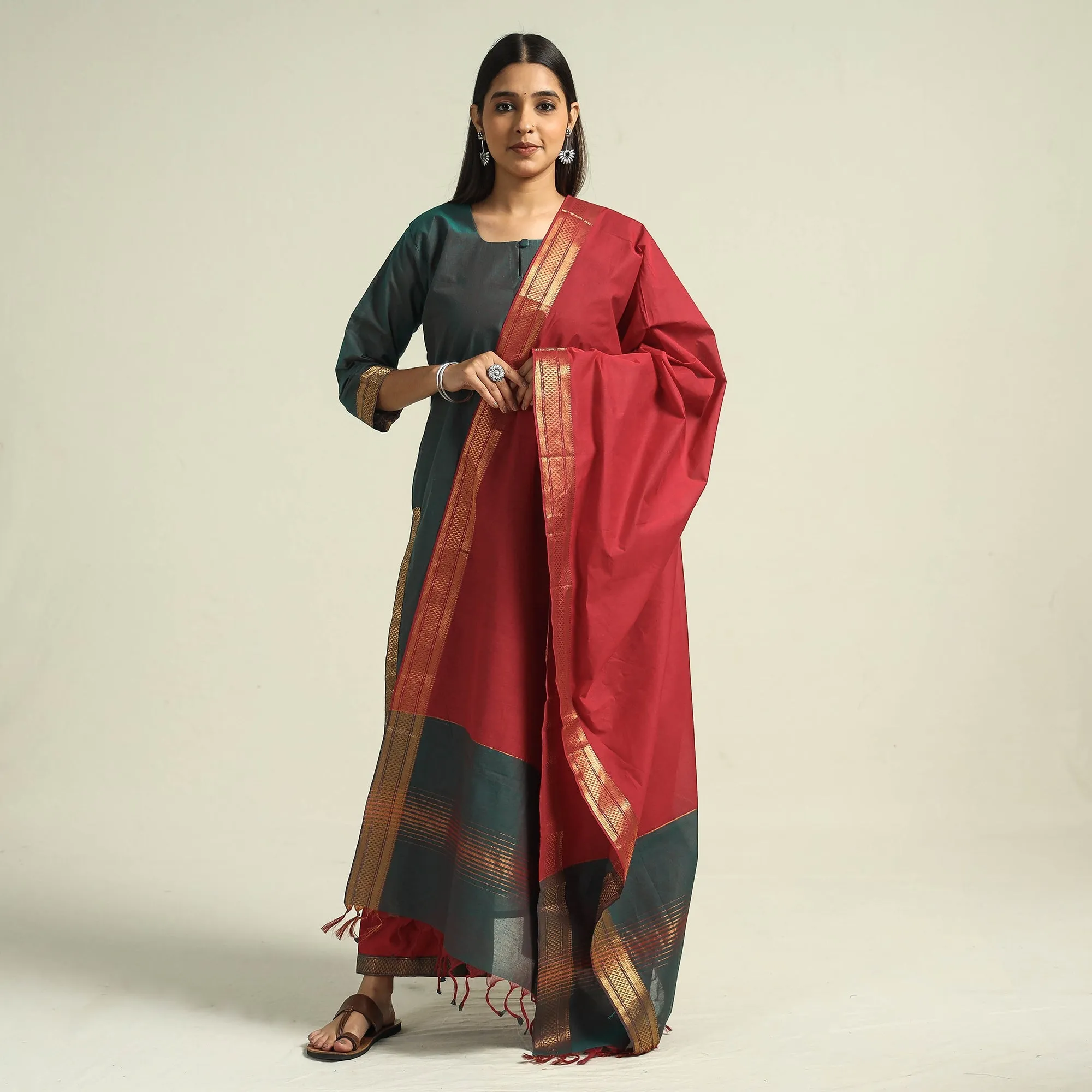 Green - Mangalagiri Handloom Cotton Kurta with Palazzo & Dupatta Set sold by Itokri product image thumbnail 2
