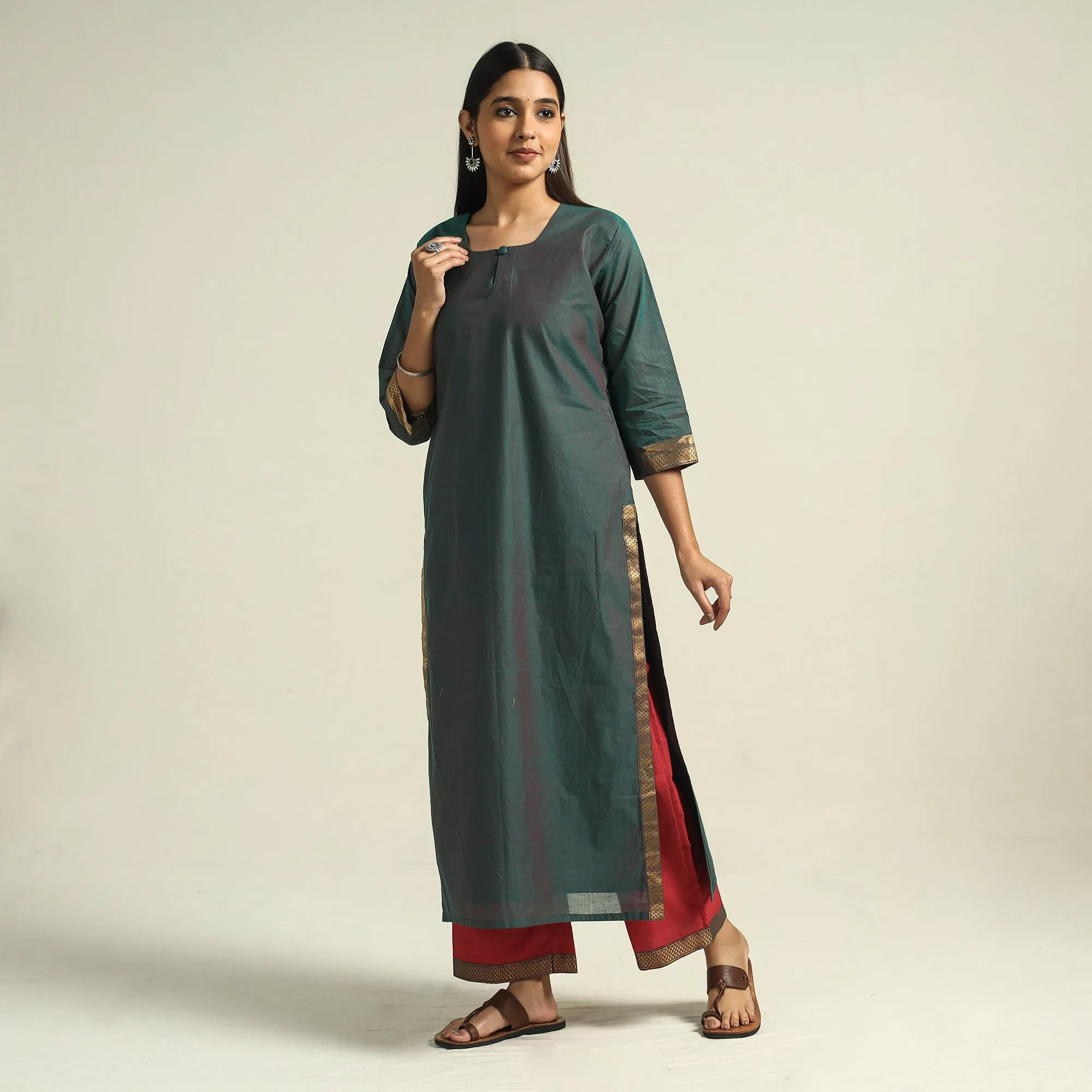 Green - Mangalagiri Handloom Cotton Kurta with Palazzo & Dupatta Set sold by Itokri product image thumbnail 4