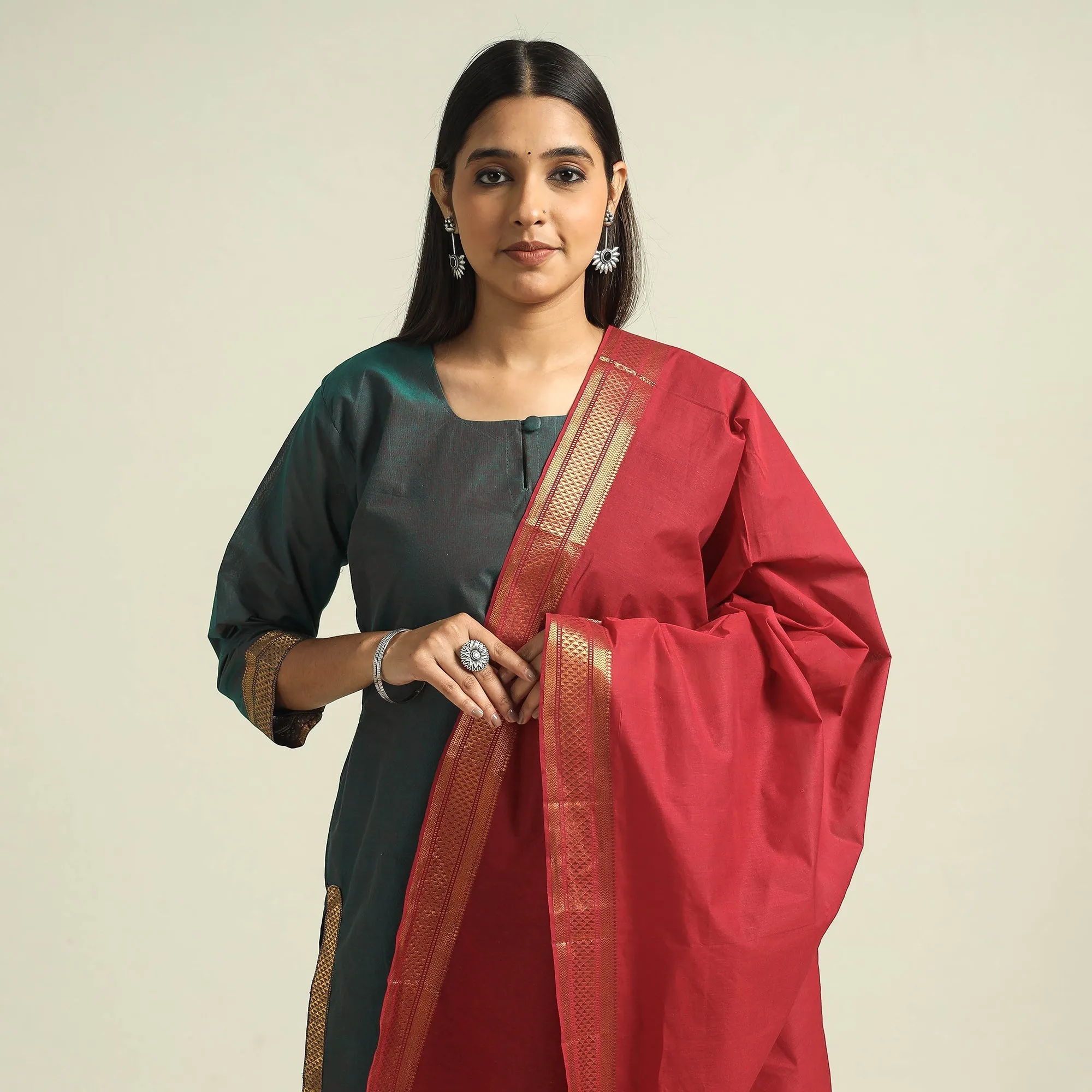 Green - Mangalagiri Handloom Cotton Kurta with Palazzo & Dupatta Set sold by Itokri product image thumbnail 3