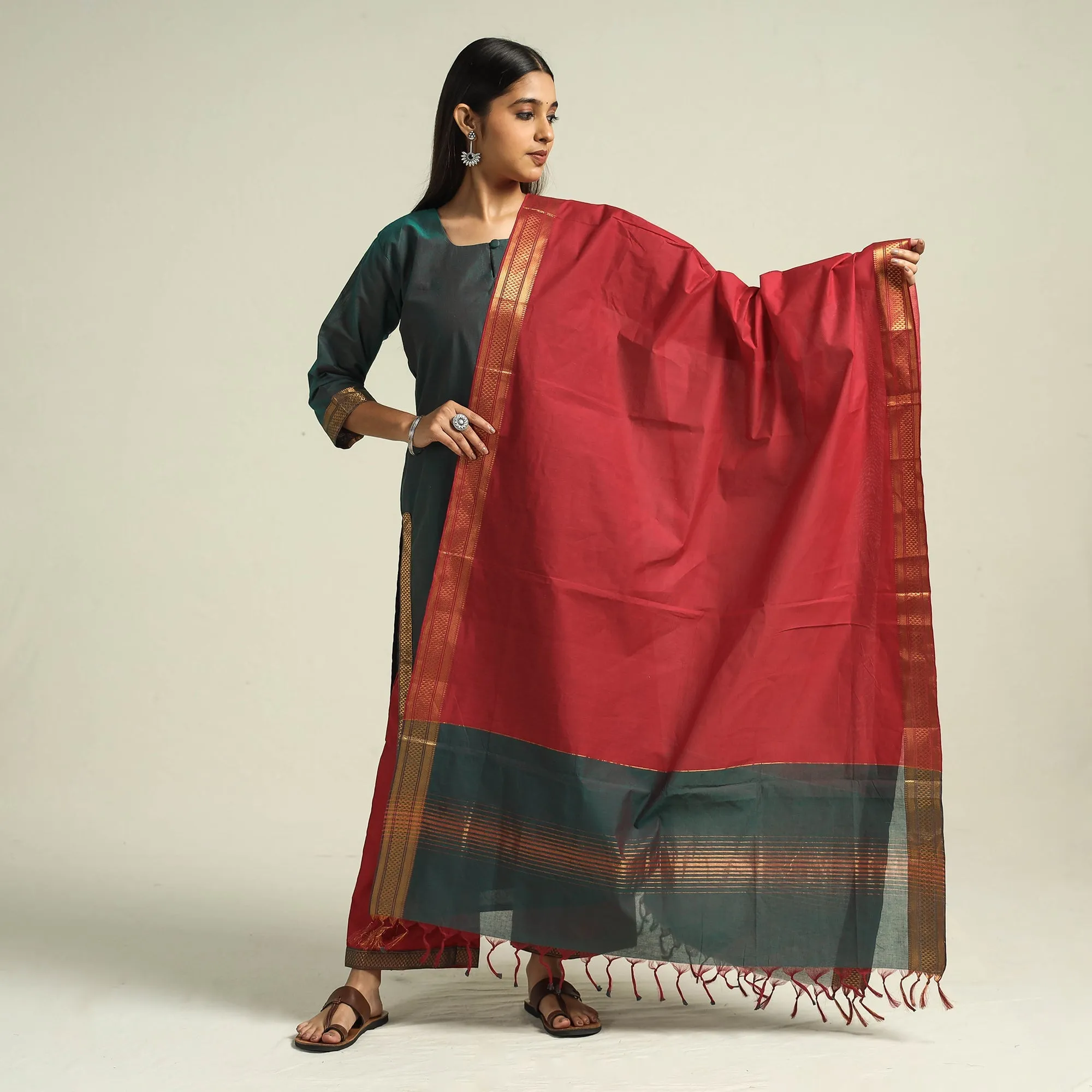 Green - Mangalagiri Handloom Cotton Kurta with Palazzo & Dupatta Set sold by Itokri