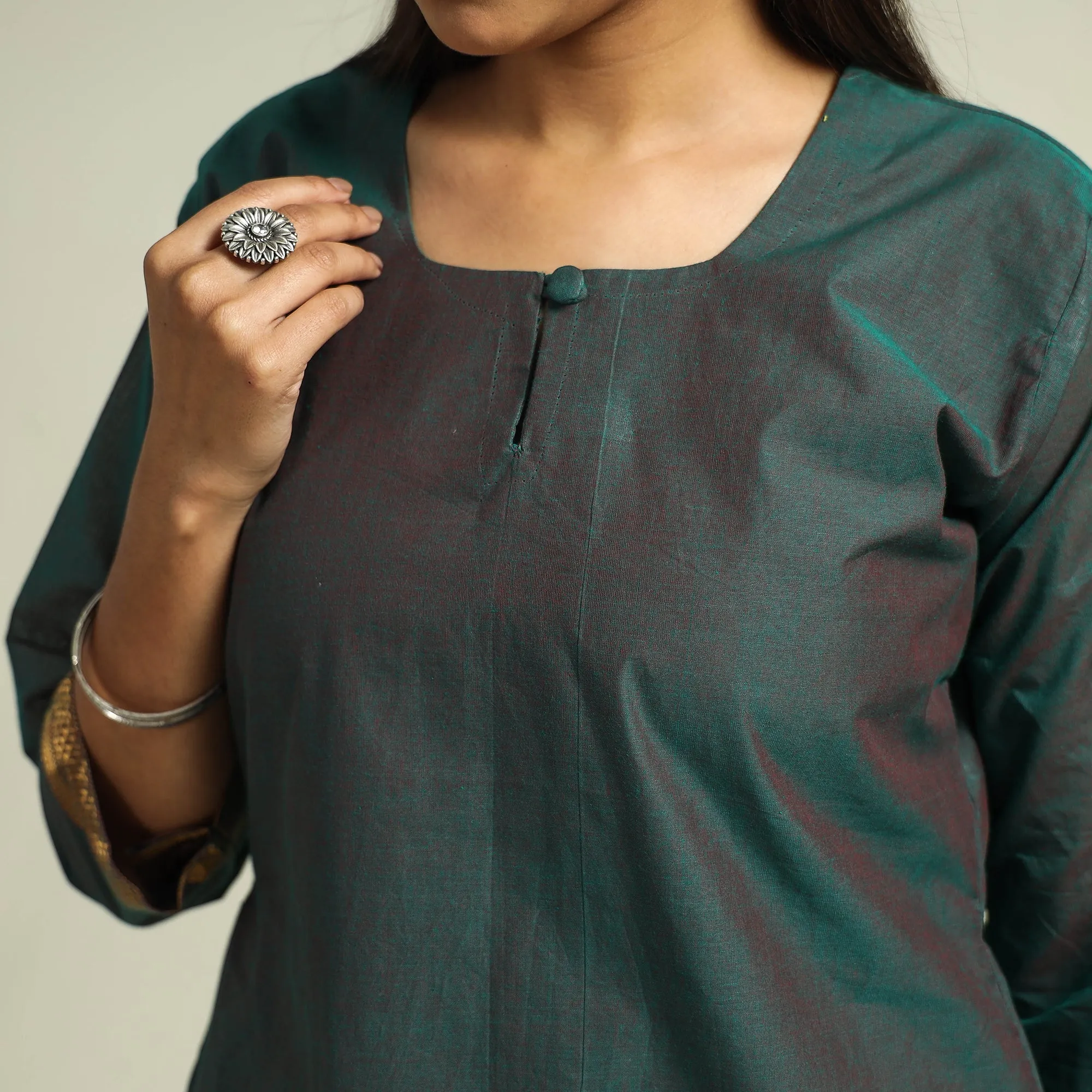 Green - Mangalagiri Handloom Cotton Kurta with Palazzo & Dupatta Set sold by Itokri product image thumbnail 5