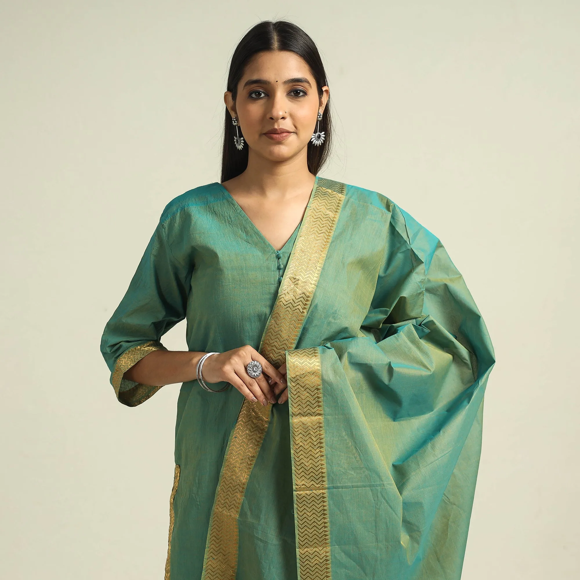 Green - Mangalagiri Handloom Cotton Kurta with Palazzo & Dupatta Set sold by Itokri product image thumbnail 3