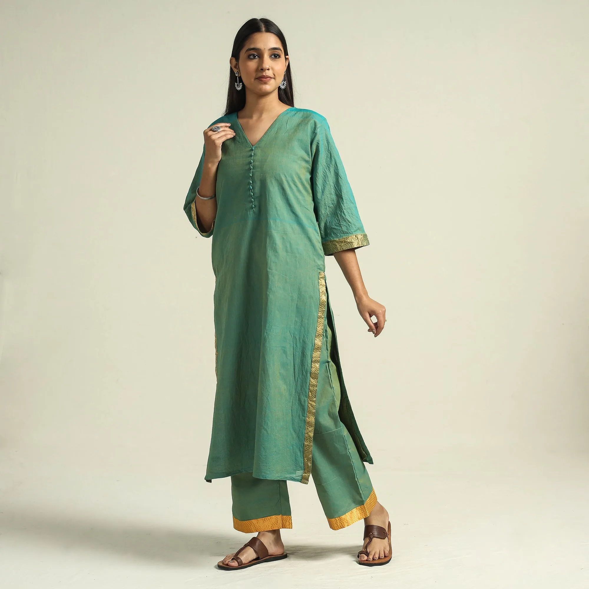 Green - Mangalagiri Handloom Cotton Kurta with Palazzo & Dupatta Set sold by Itokri product image thumbnail 4