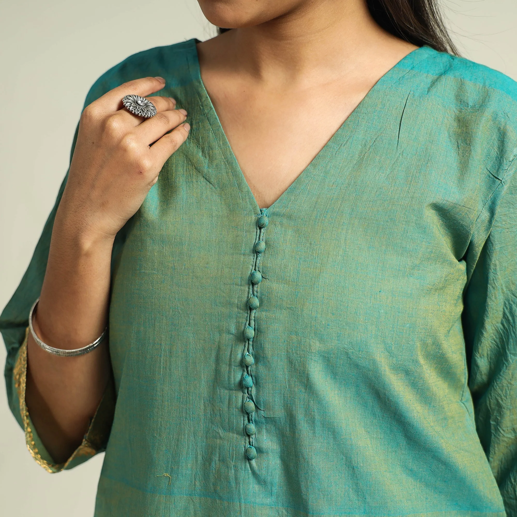 Green - Mangalagiri Handloom Cotton Kurta with Palazzo & Dupatta Set sold by Itokri product image thumbnail 5
