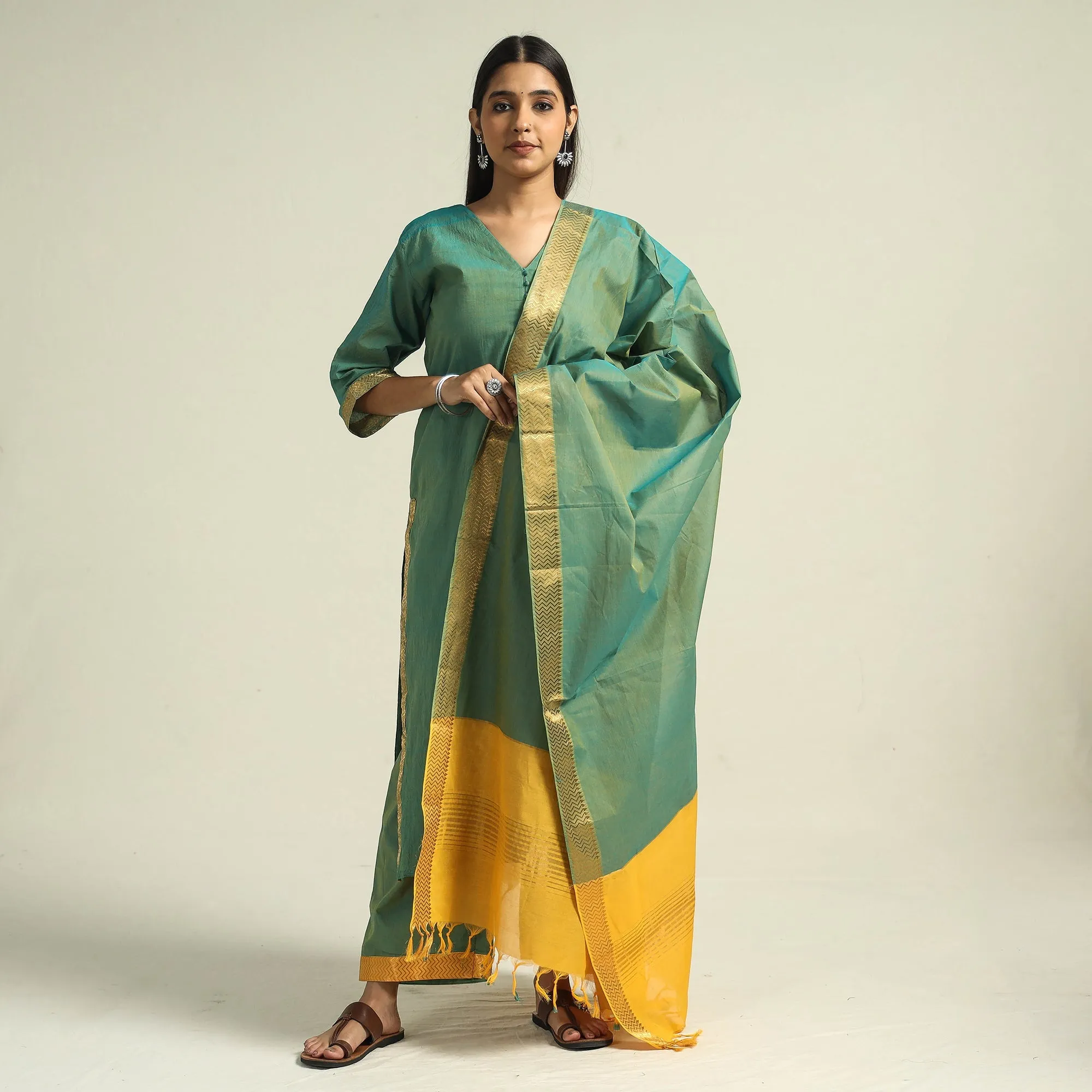 Green - Mangalagiri Handloom Cotton Kurta with Palazzo & Dupatta Set sold by Itokri product image thumbnail 2