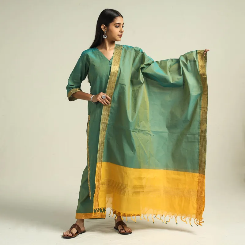 Green - Mangalagiri Handloom Cotton Kurta with Palazzo & Dupatta Set made by Itokri
