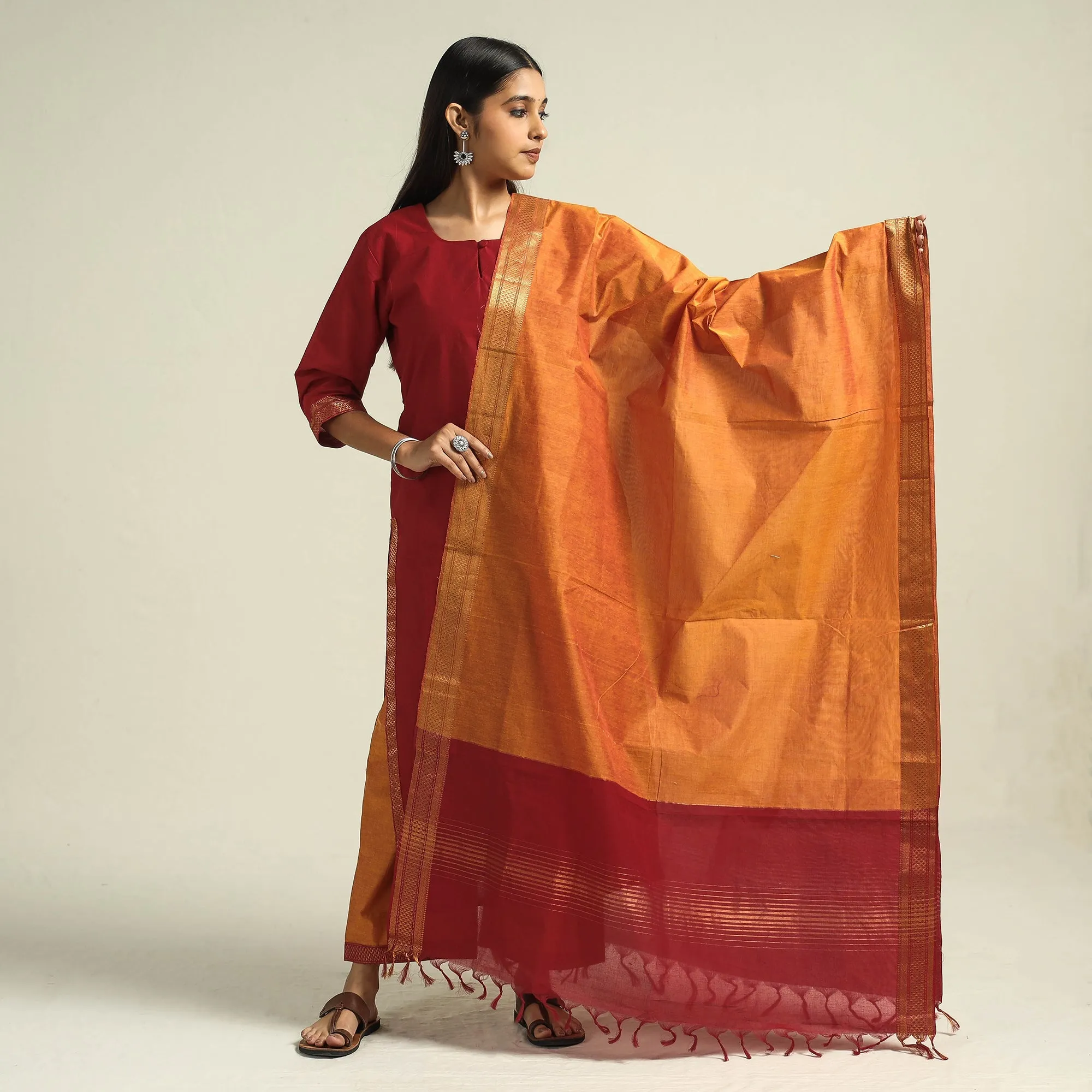 Red - Mangalagiri Handloom Cotton Kurta with Palazzo & Dupatta Set sold by Itokri