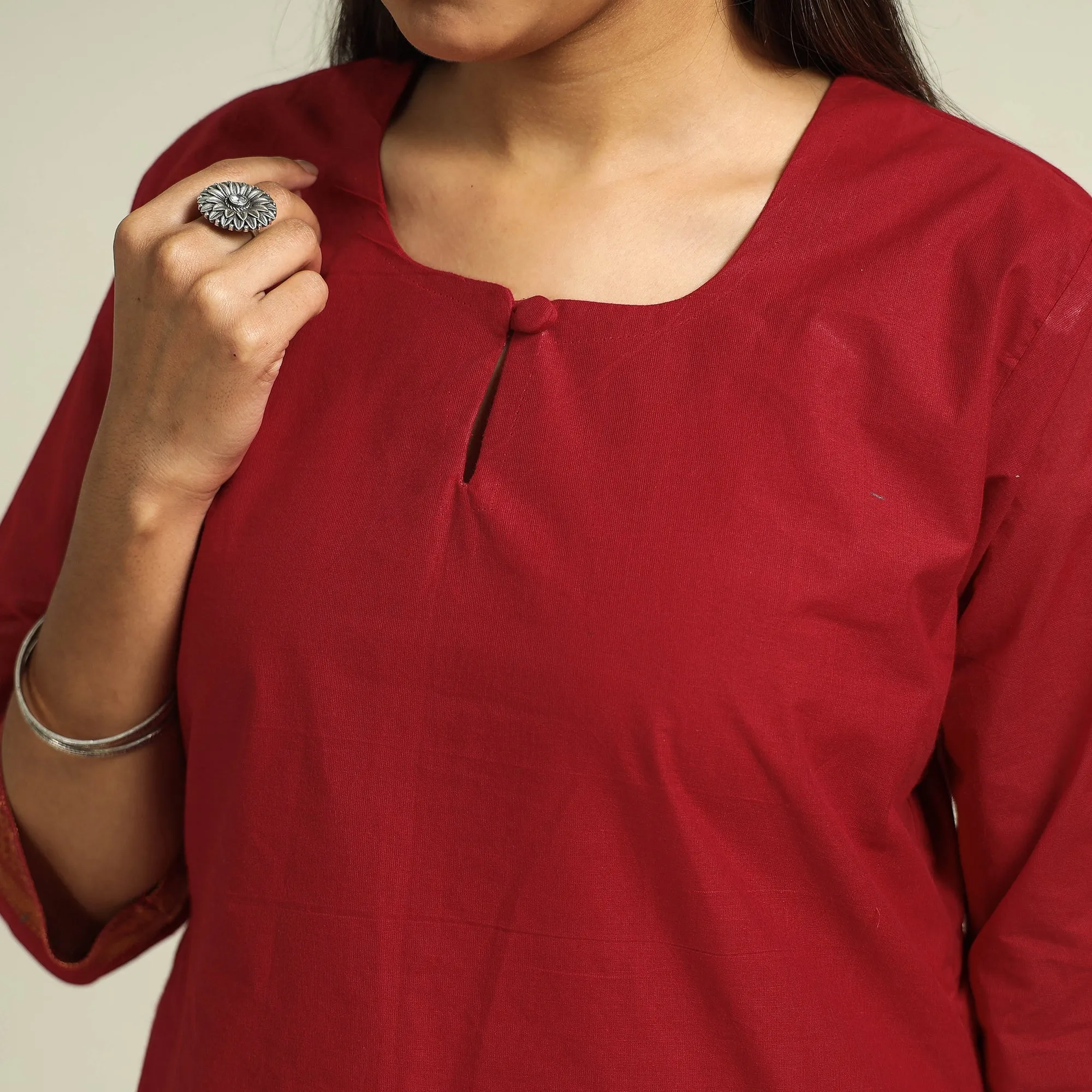 Red - Mangalagiri Handloom Cotton Kurta with Palazzo & Dupatta Set sold by Itokri product image thumbnail 5