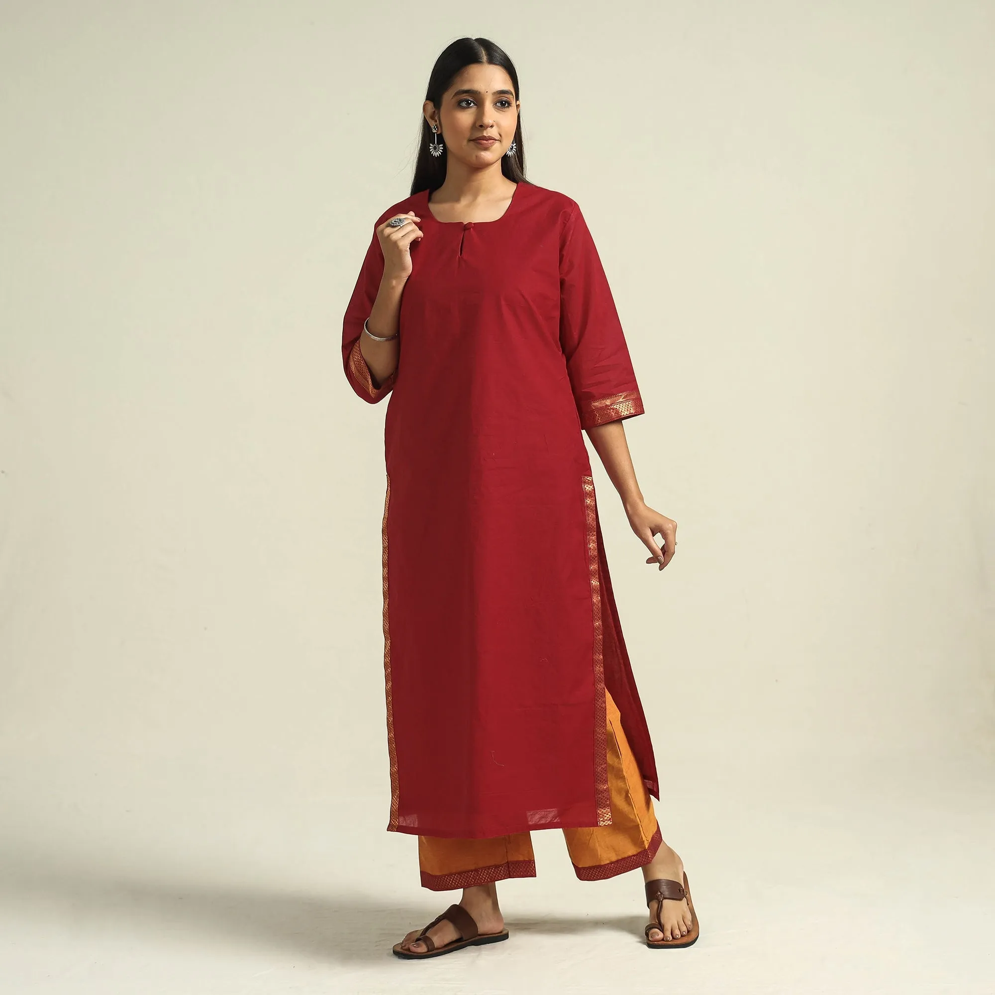 Red - Mangalagiri Handloom Cotton Kurta with Palazzo & Dupatta Set sold by Itokri product image thumbnail 4