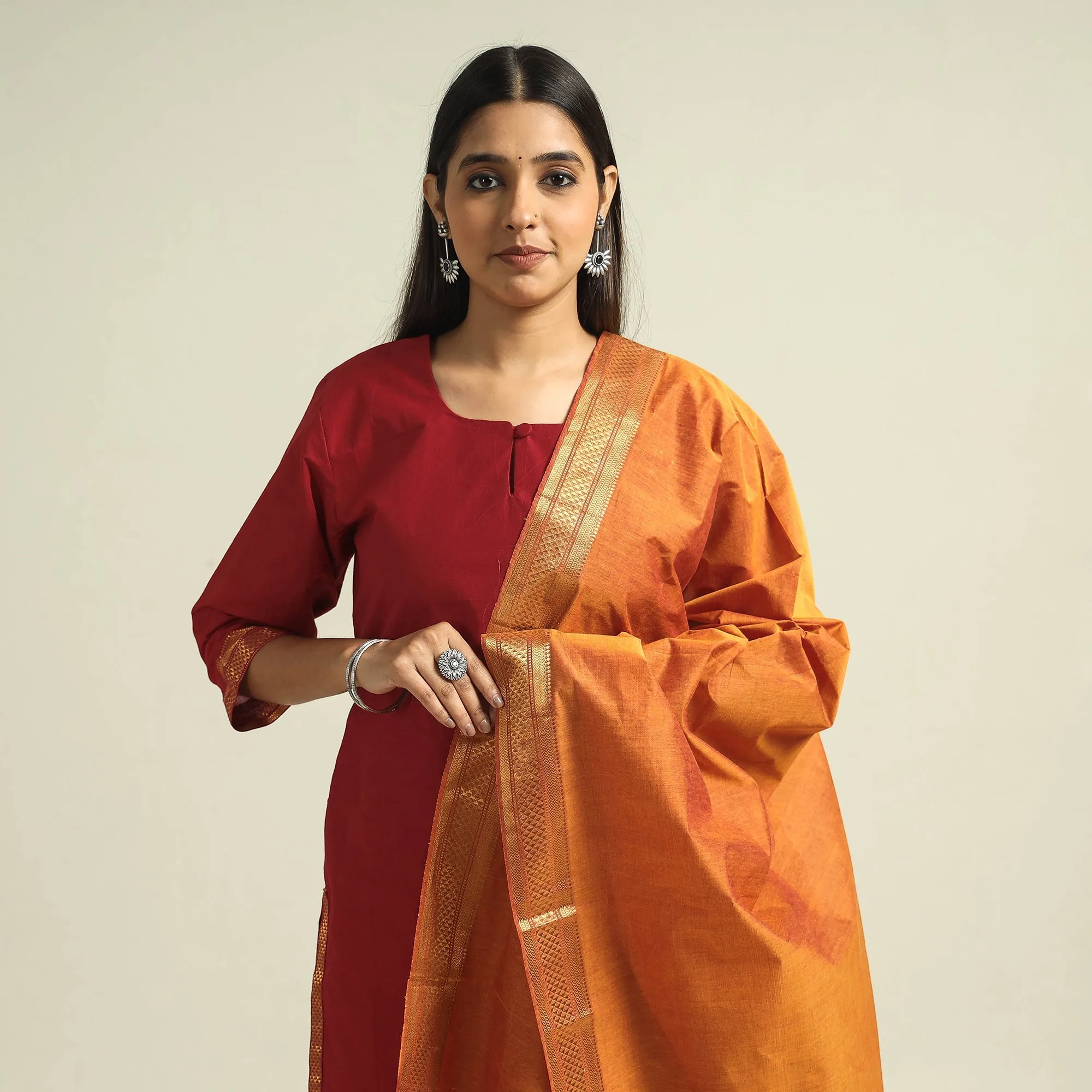 Red - Mangalagiri Handloom Cotton Kurta with Palazzo & Dupatta Set sold by Itokri product image thumbnail 3