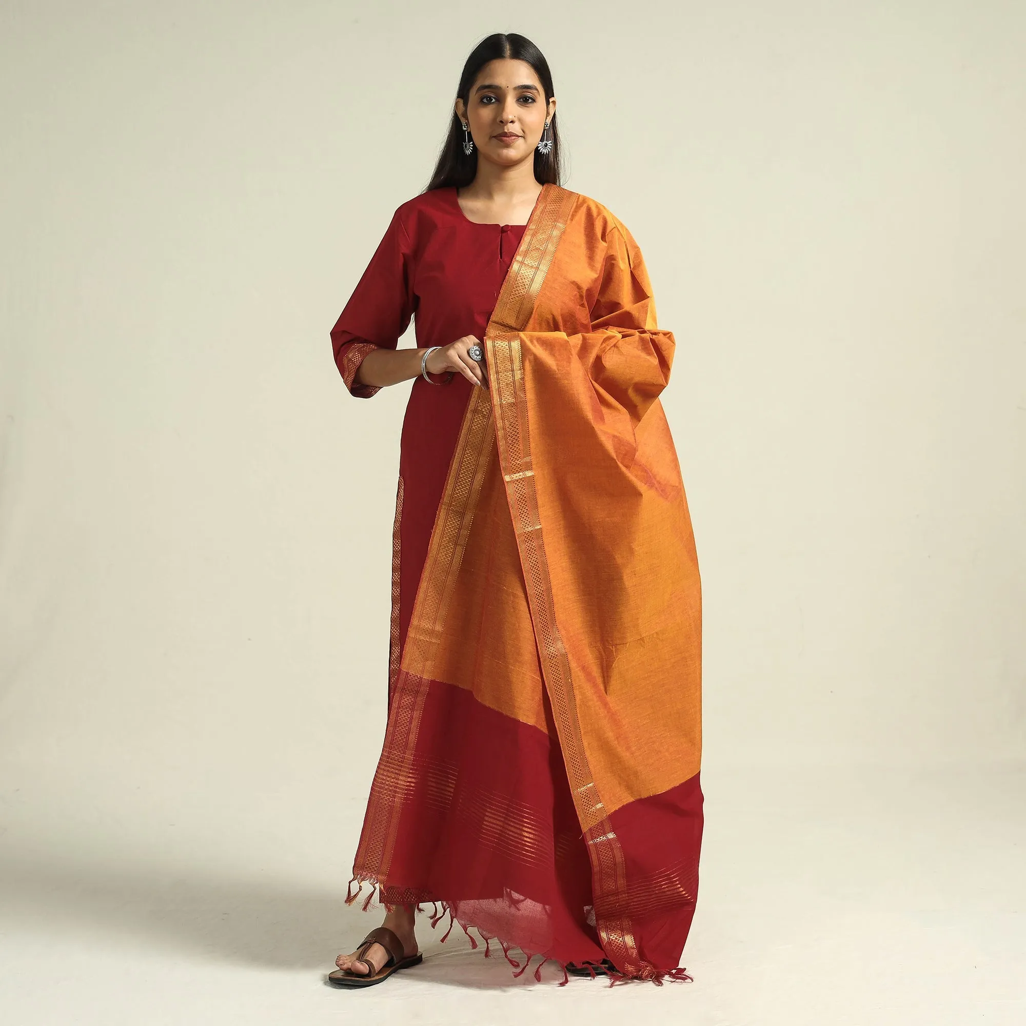 Red - Mangalagiri Handloom Cotton Kurta with Palazzo & Dupatta Set sold by Itokri product image thumbnail 2