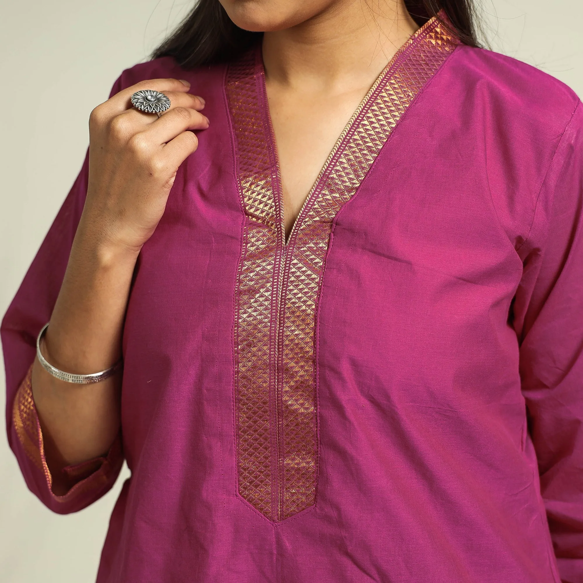 Dark Pink - Mangalagiri Handloom Cotton Kurta with Palazzo & Dupatta Set sold by Itokri product image thumbnail 5