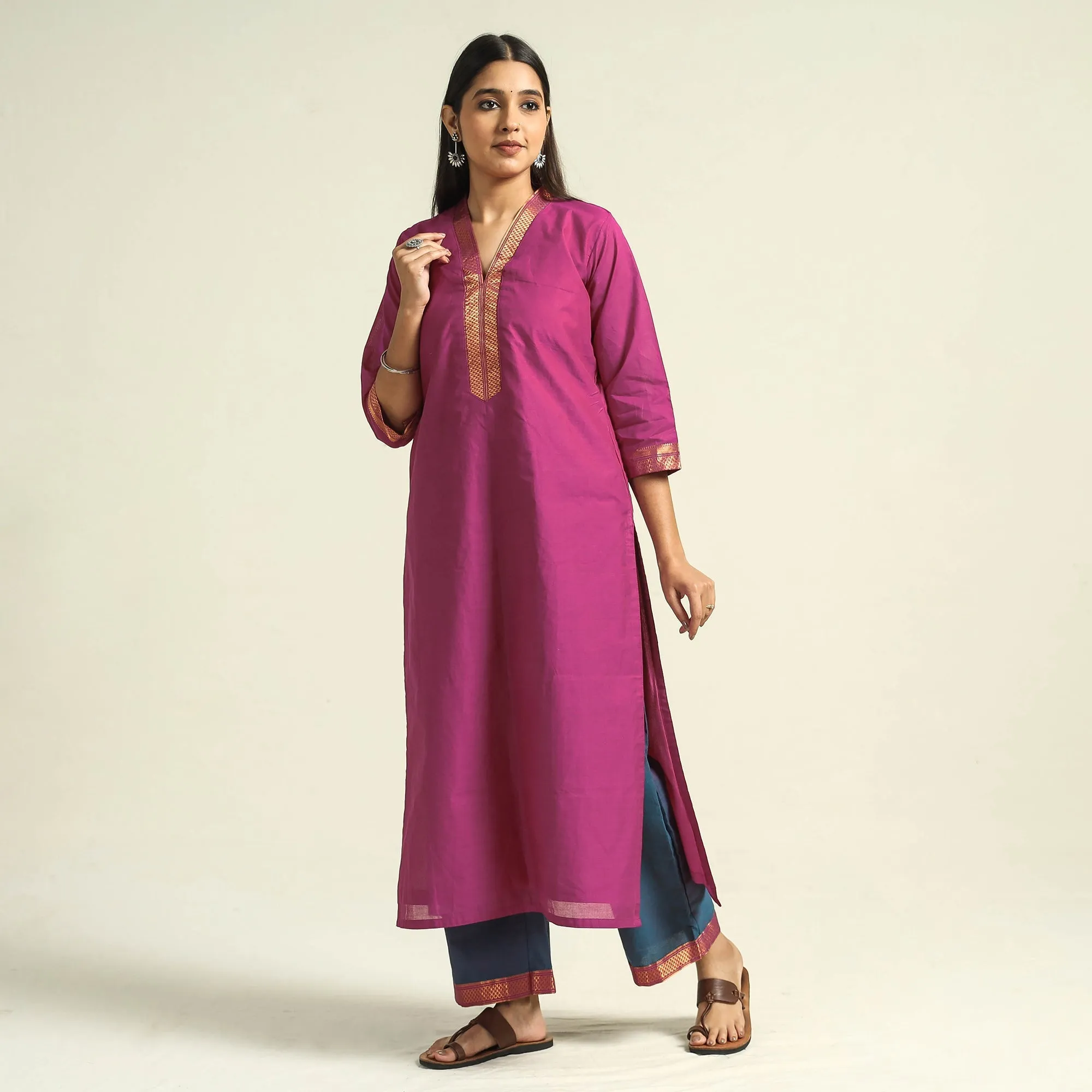Dark Pink - Mangalagiri Handloom Cotton Kurta with Palazzo & Dupatta Set sold by Itokri product image thumbnail 4