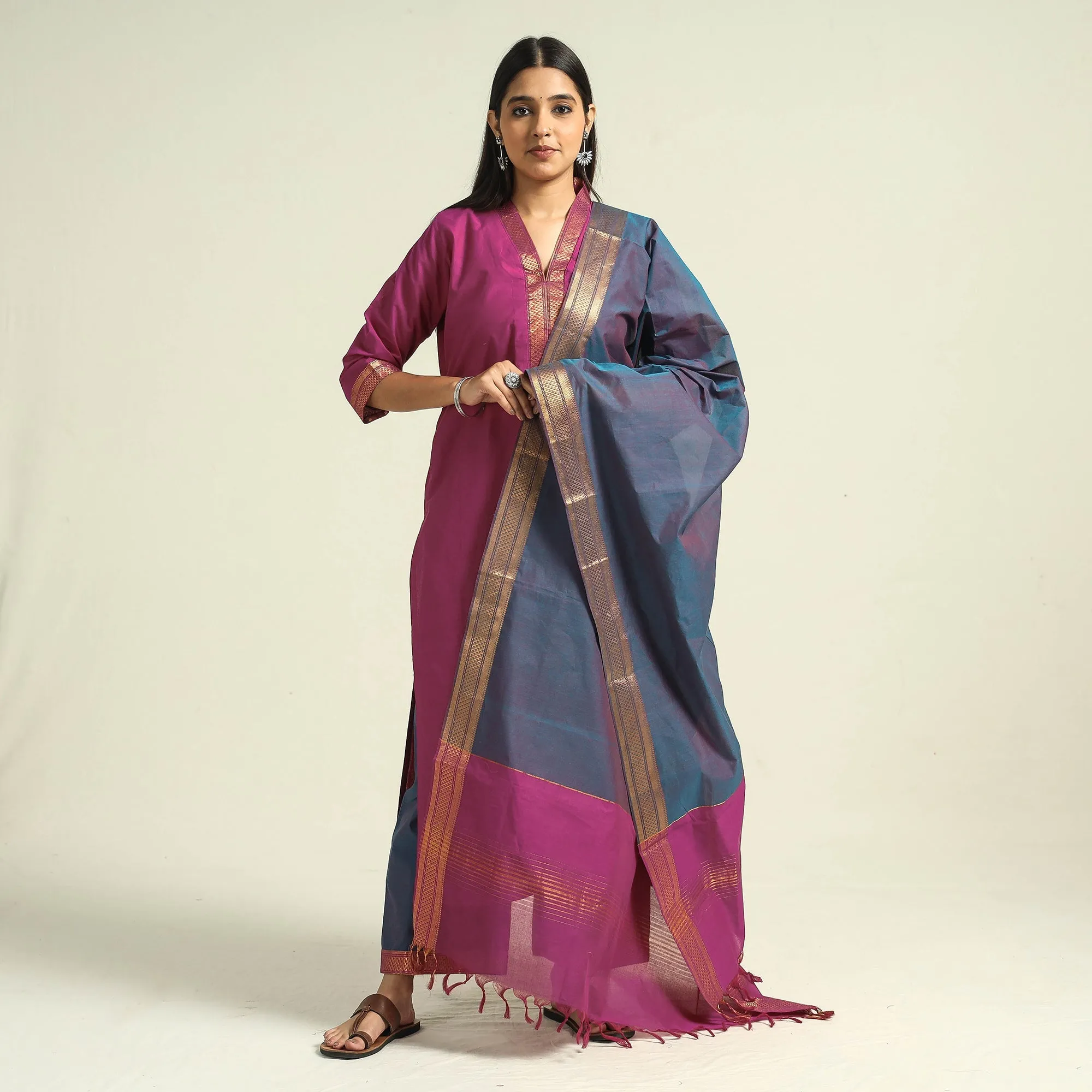 Dark Pink - Mangalagiri Handloom Cotton Kurta with Palazzo & Dupatta Set sold by Itokri product image thumbnail 2