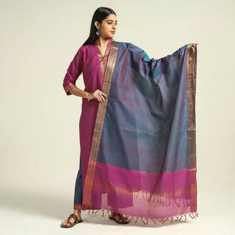 Dark Pink - Mangalagiri Handloom Cotton Kurta with Palazzo & Dupatta Set sold by Itokri