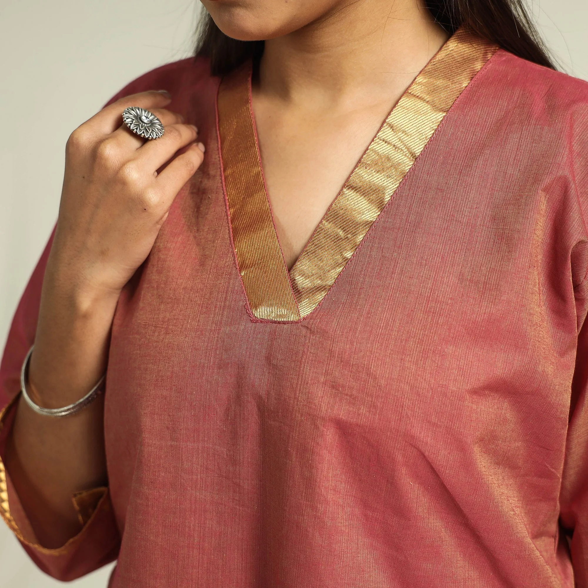 Pink - Mangalagiri Handloom Cotton Kurta with Palazzo & Dupatta Set sold by Itokri product image thumbnail 5