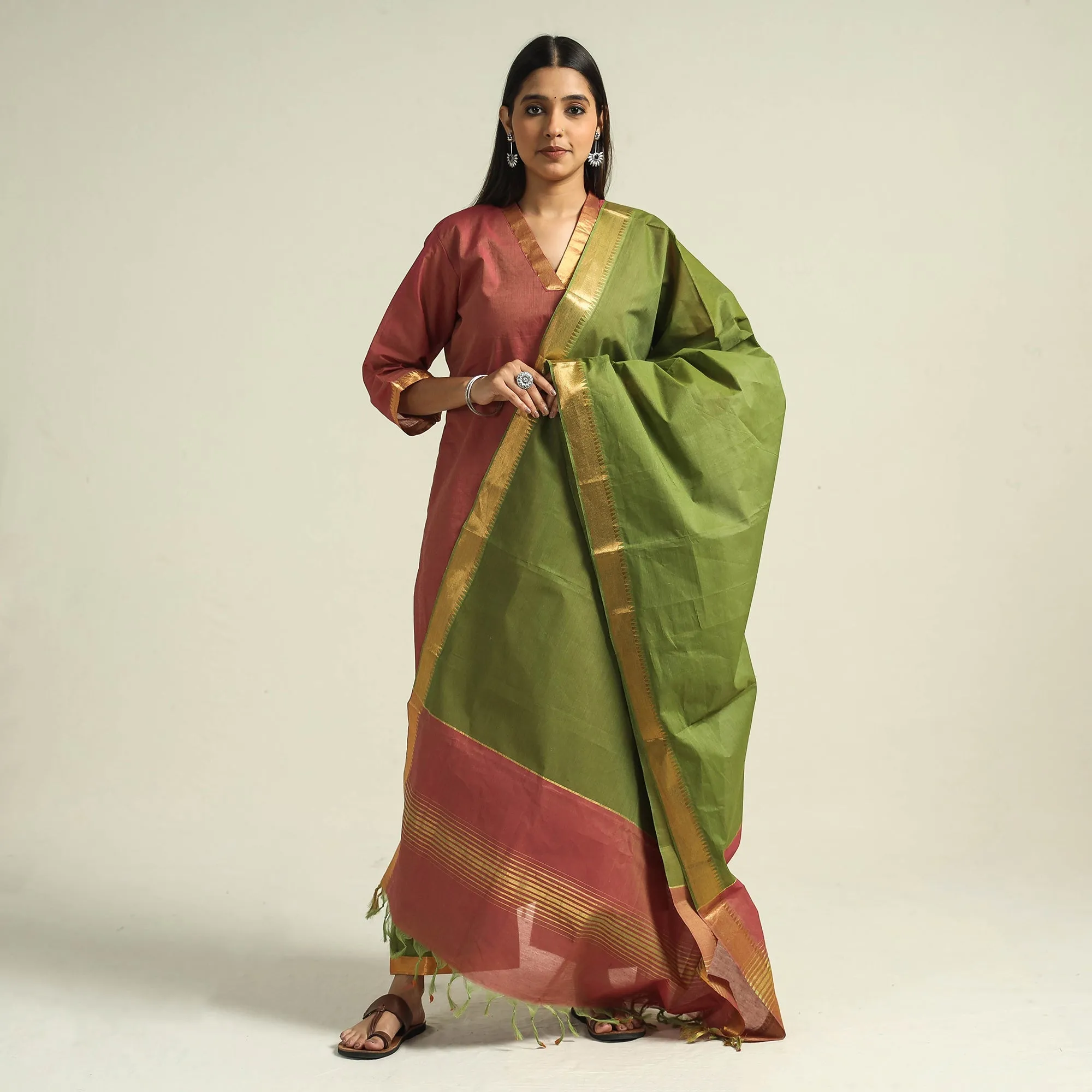 Pink - Mangalagiri Handloom Cotton Kurta with Palazzo & Dupatta Set sold by Itokri product image thumbnail 2