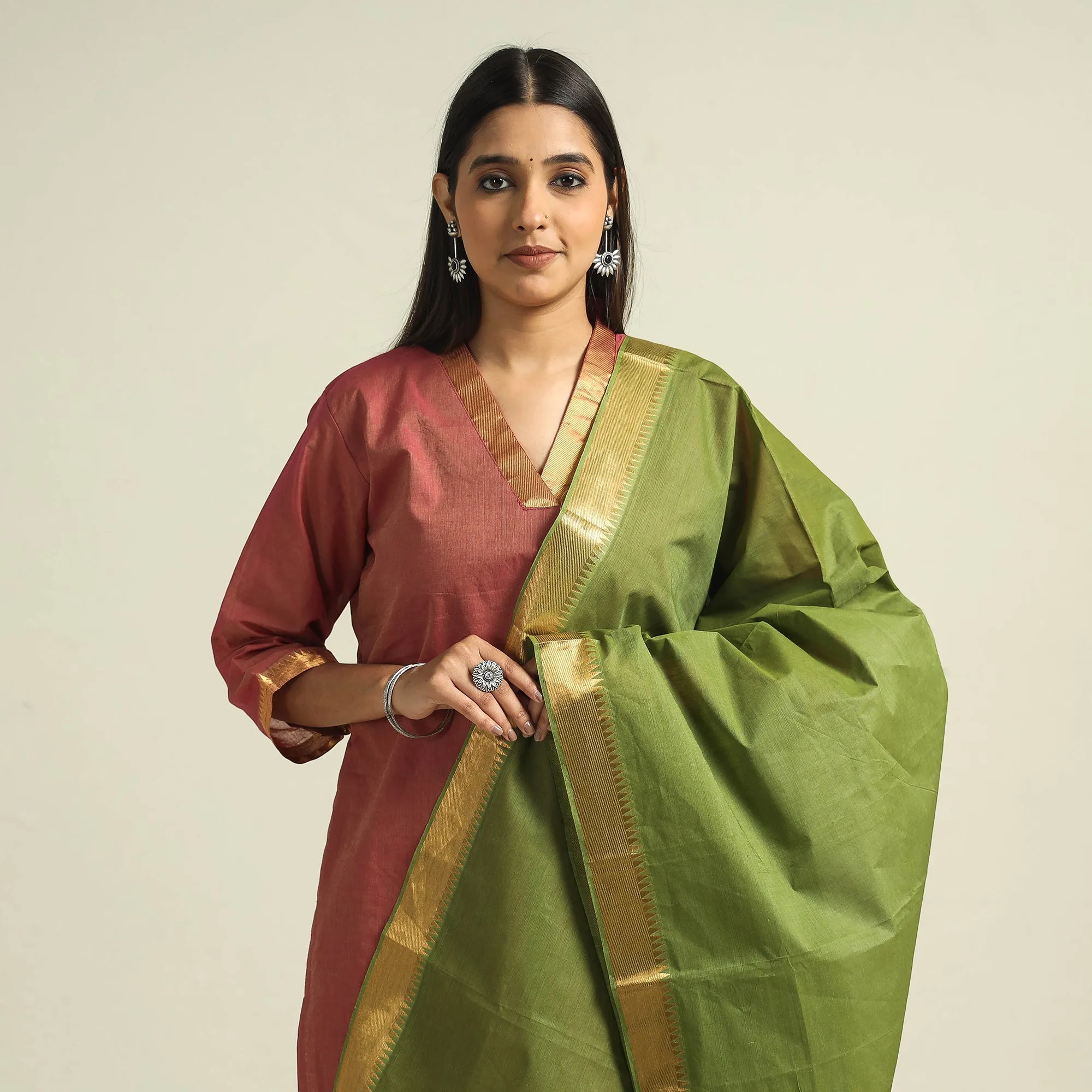 Pink - Mangalagiri Handloom Cotton Kurta with Palazzo & Dupatta Set sold by Itokri product image thumbnail 3