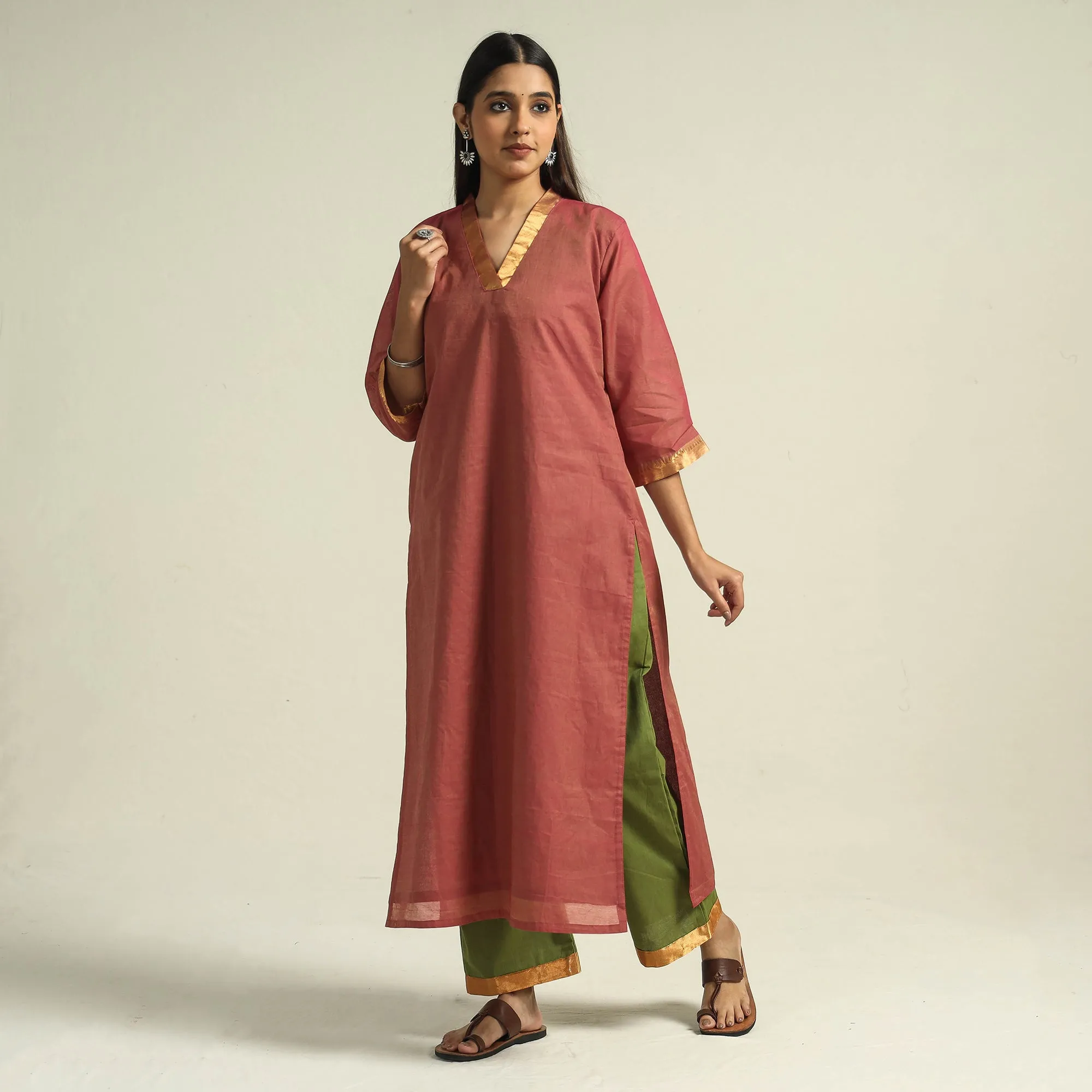Pink - Mangalagiri Handloom Cotton Kurta with Palazzo & Dupatta Set sold by Itokri product image thumbnail 4